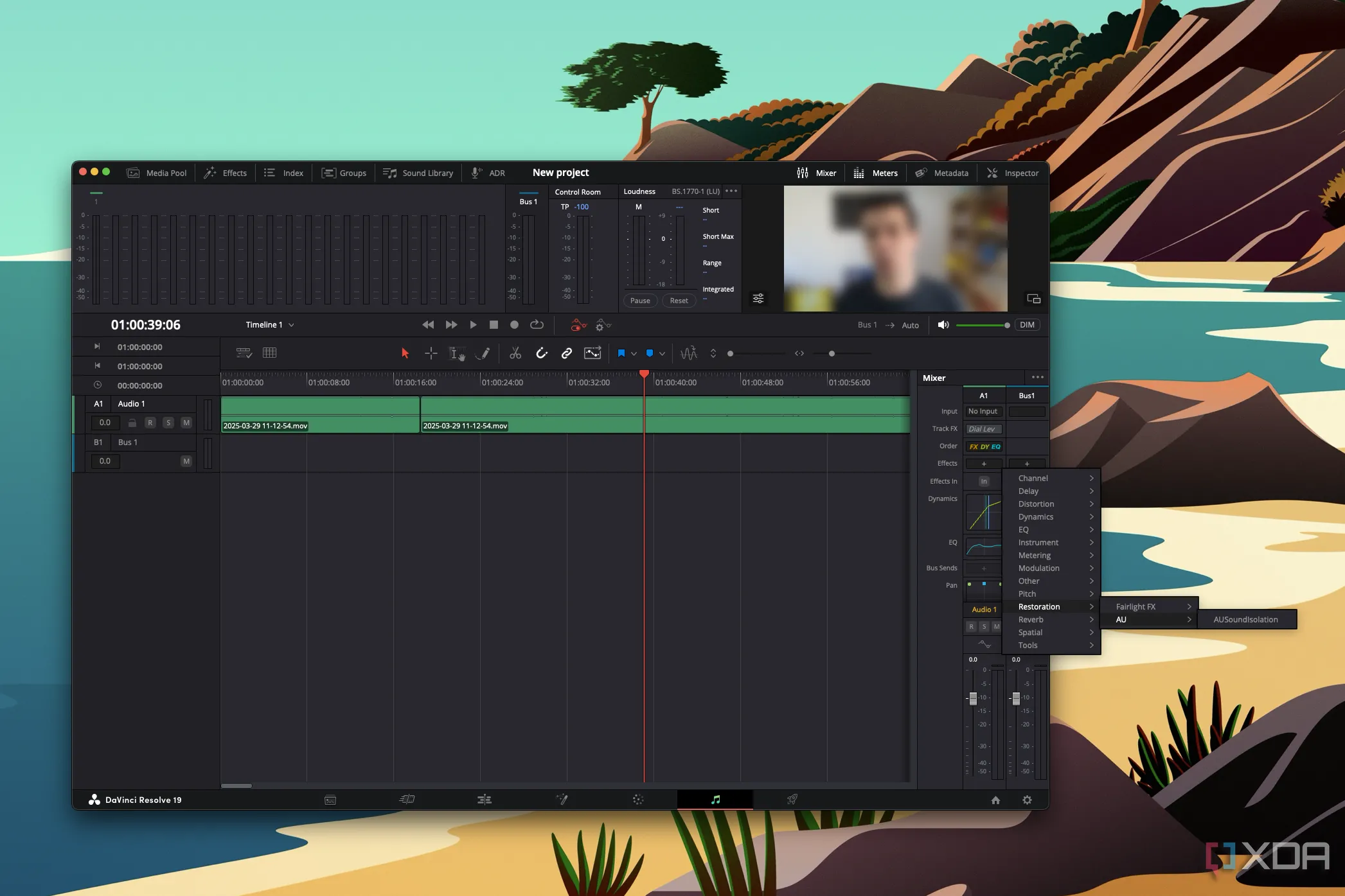 Giao diện DaVinci Resolve trên macOS với tùy chọn plugin âm thanh AUSoundIsolation