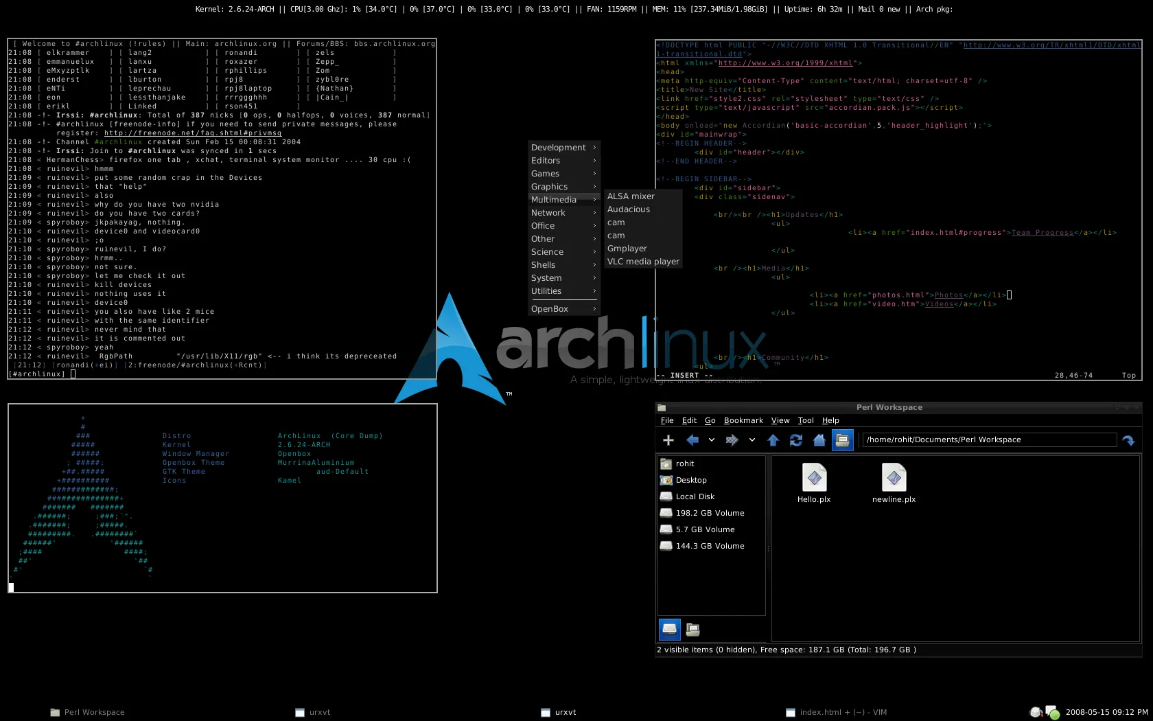 Giao diện desktop của Arch Linux với nhiều cửa sổ terminal