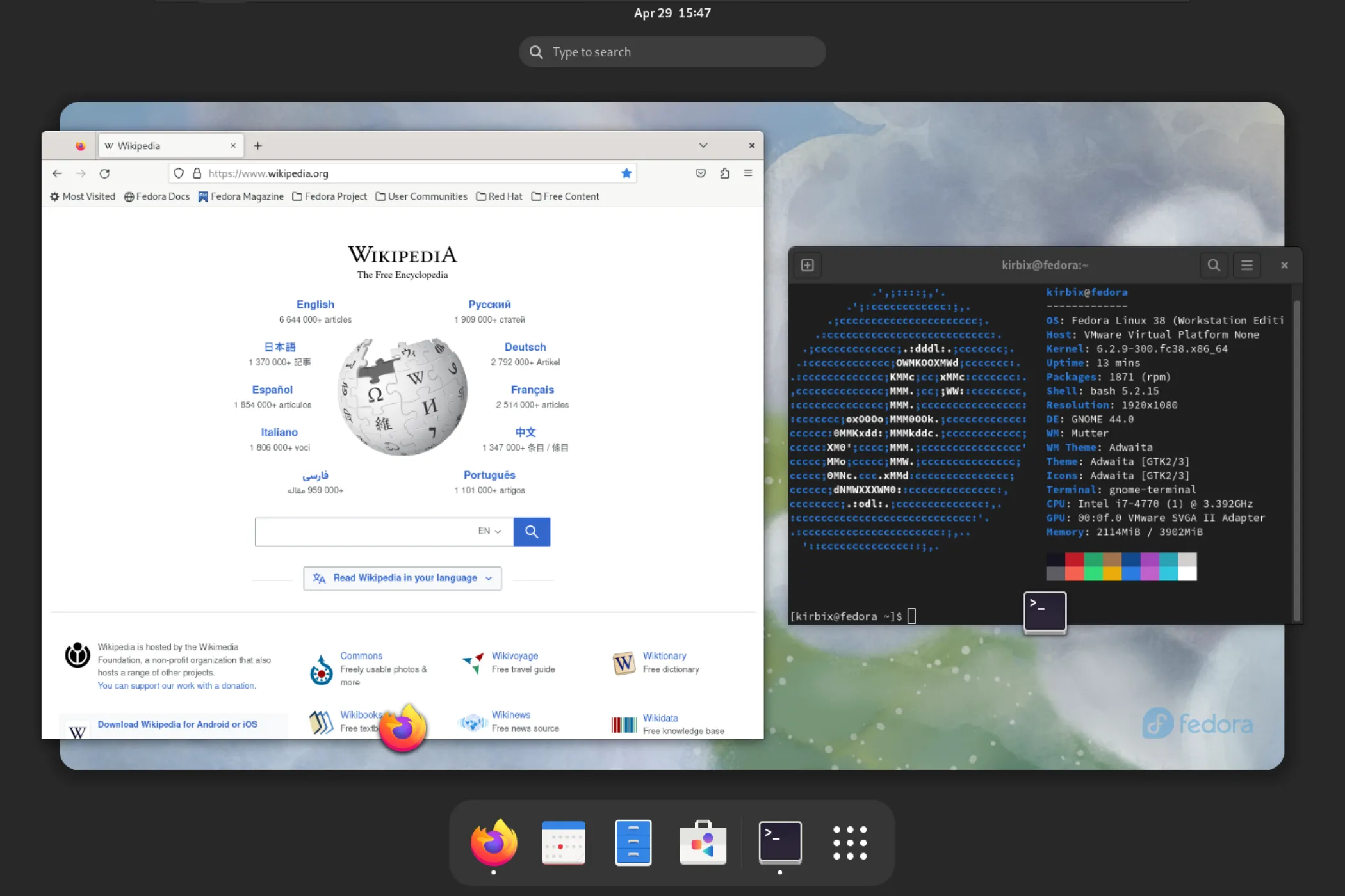 Giao diện desktop của hệ điều hành Fedora Linux, nền tảng cho việc cài đặt Bazzite OS