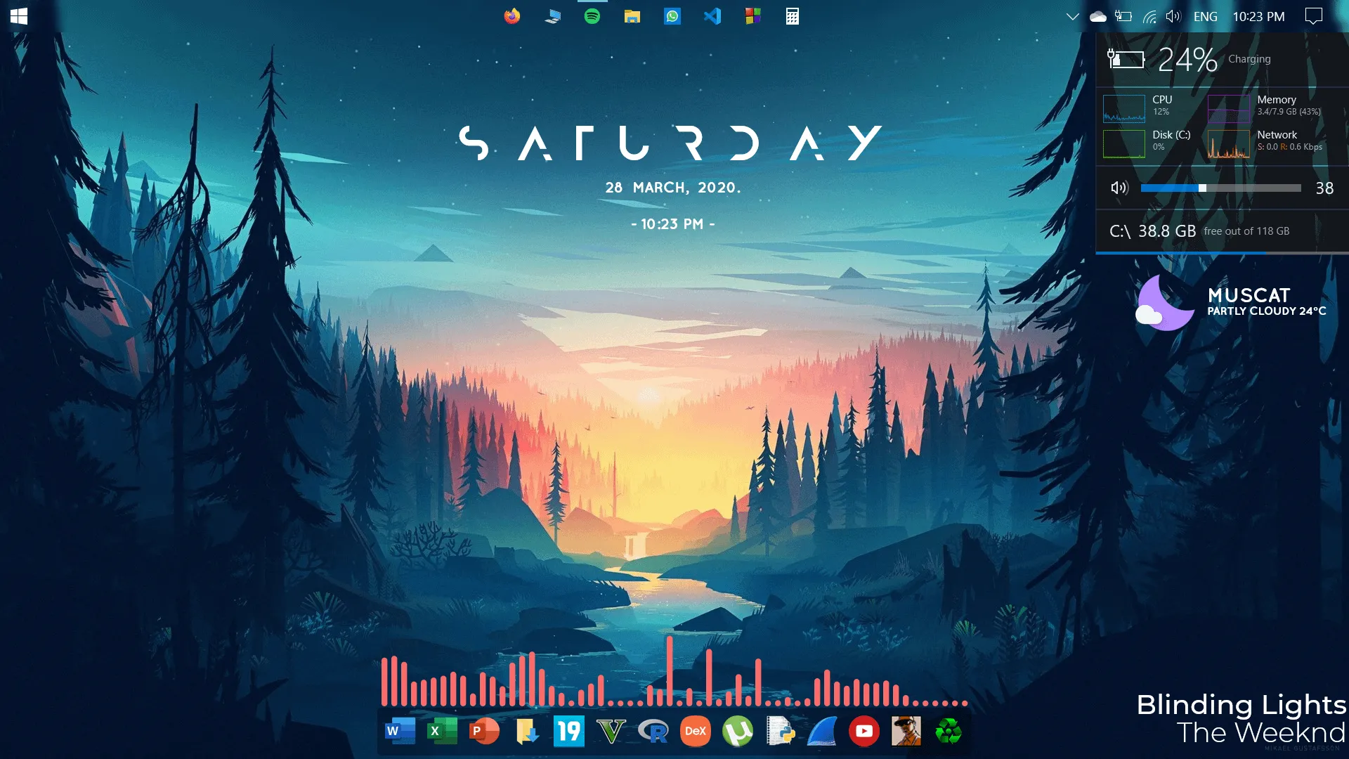 Giao diện desktop Windows được tùy biến đẹp mắt với skin Mond của Rainmeter, hiển thị thông tin hệ thống và thời gian
