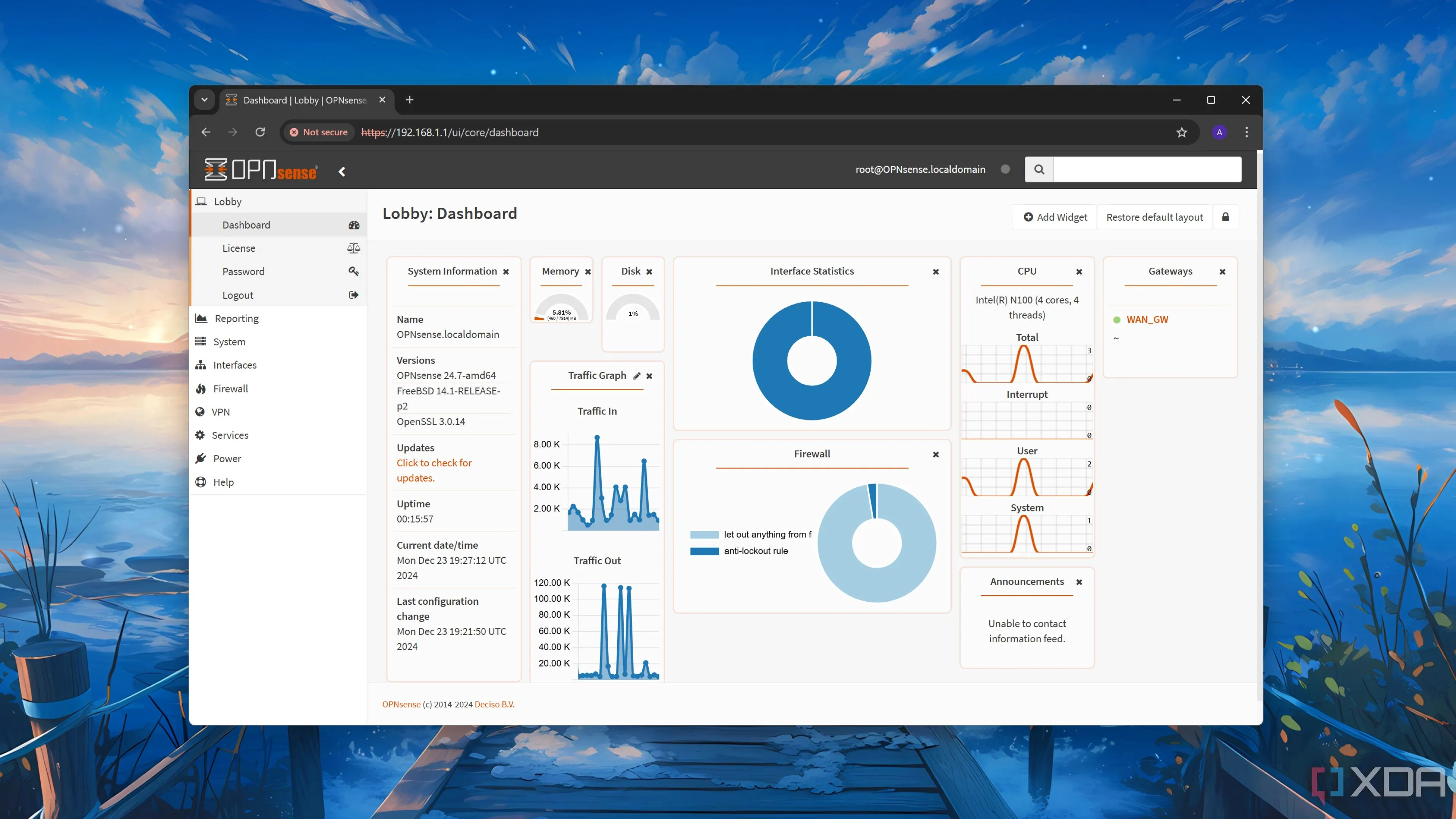 Giao diện điều khiển (Dashboard) trực quan của OPNsense, thể hiện khả năng quản lý tường lửa mạnh mẽ