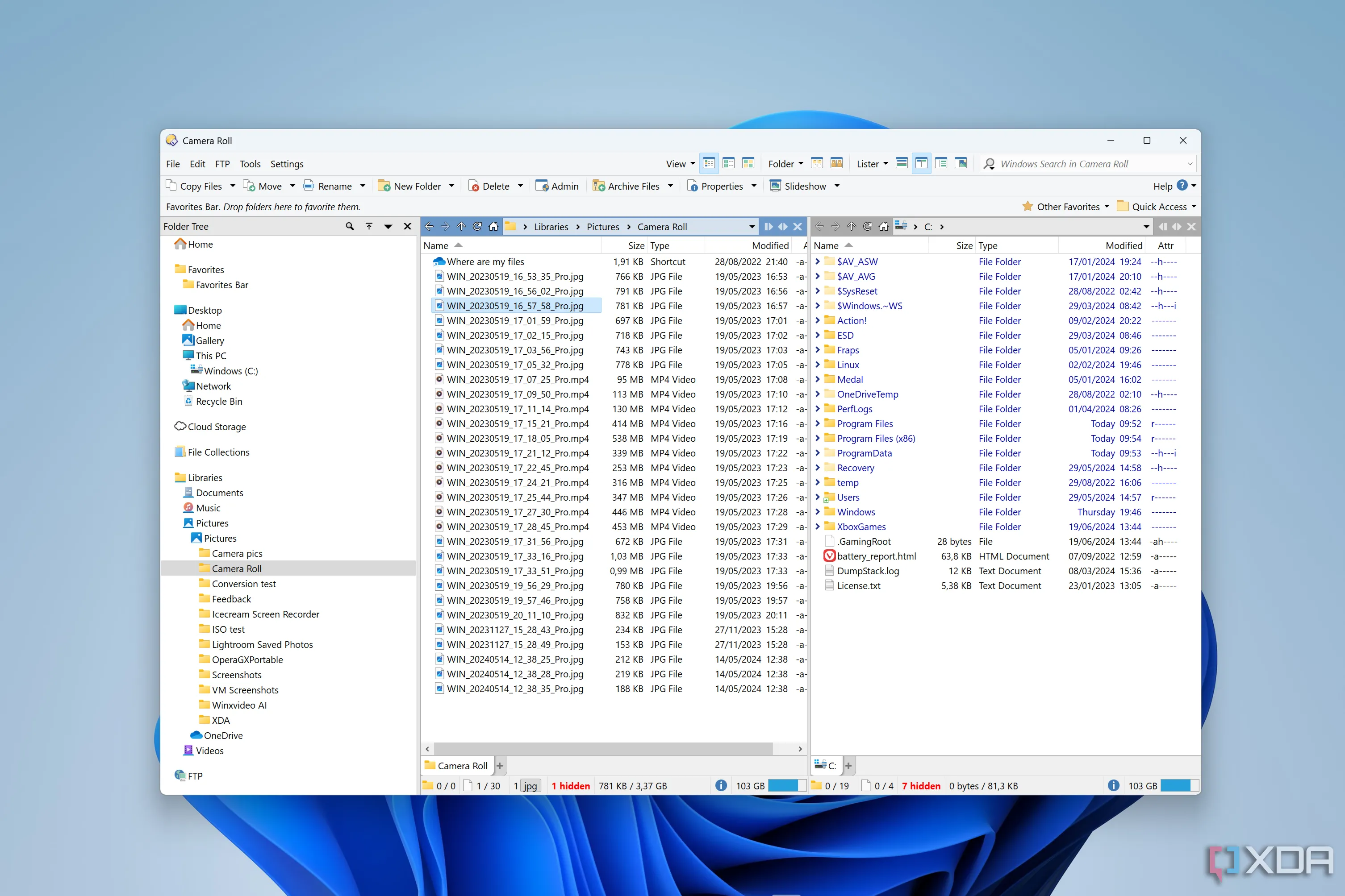 Giao diện Directory Opus trên Windows 11 hiển thị các thư mục và tệp tin