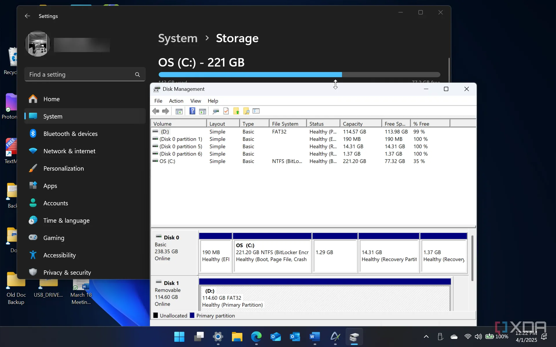 Giao diện Disk Management trên Windows 11 hiển thị các phân vùng ổ đĩa