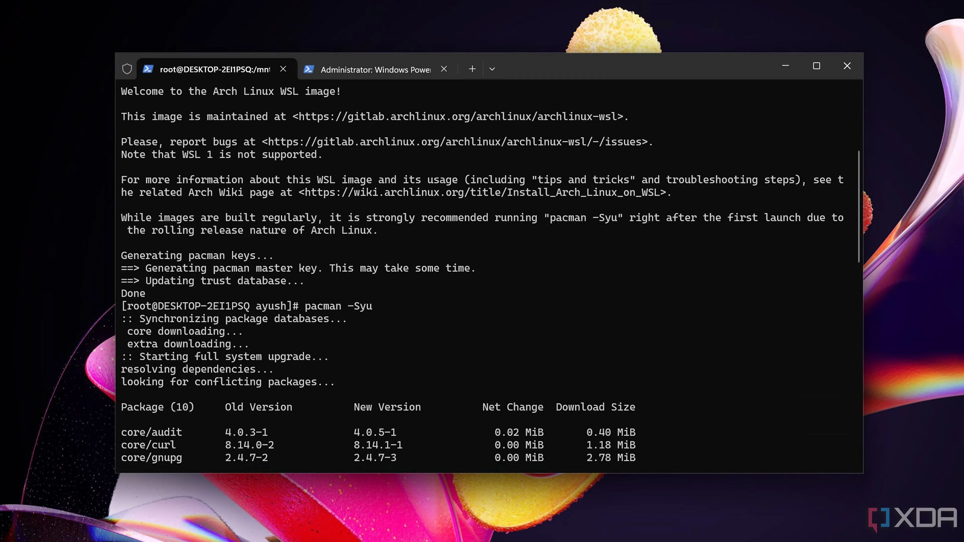 Giao diện dòng lệnh của Arch Linux hoạt động trên môi trường WSL, thể hiện tính tùy biến cao