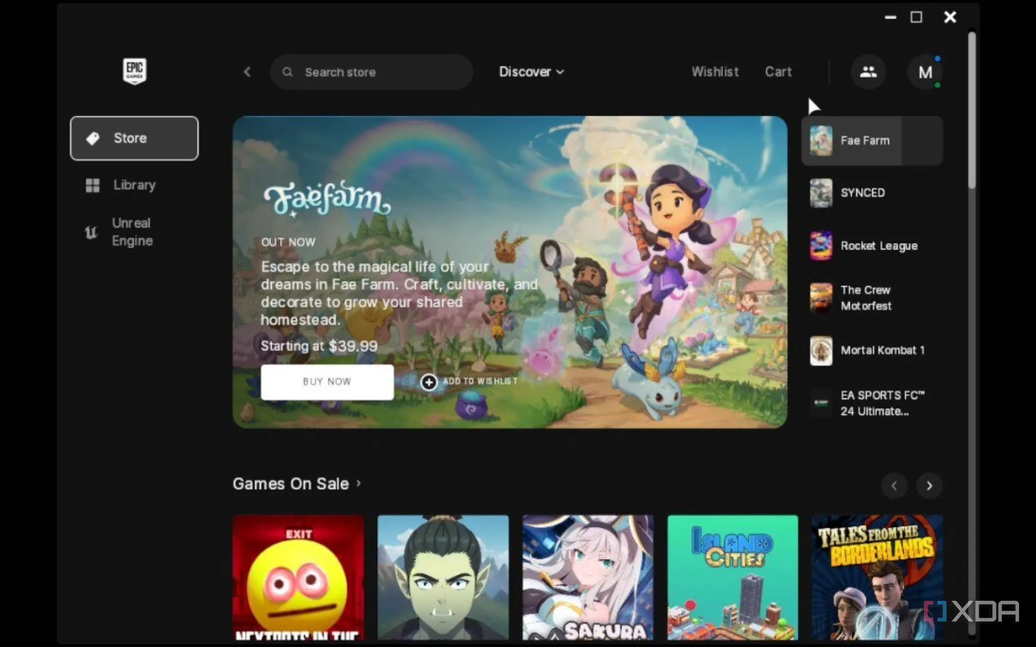 Giao diện Epic Games Launcher hiển thị trên Steam Deck với trò chơi Faefarm được quảng cáo.