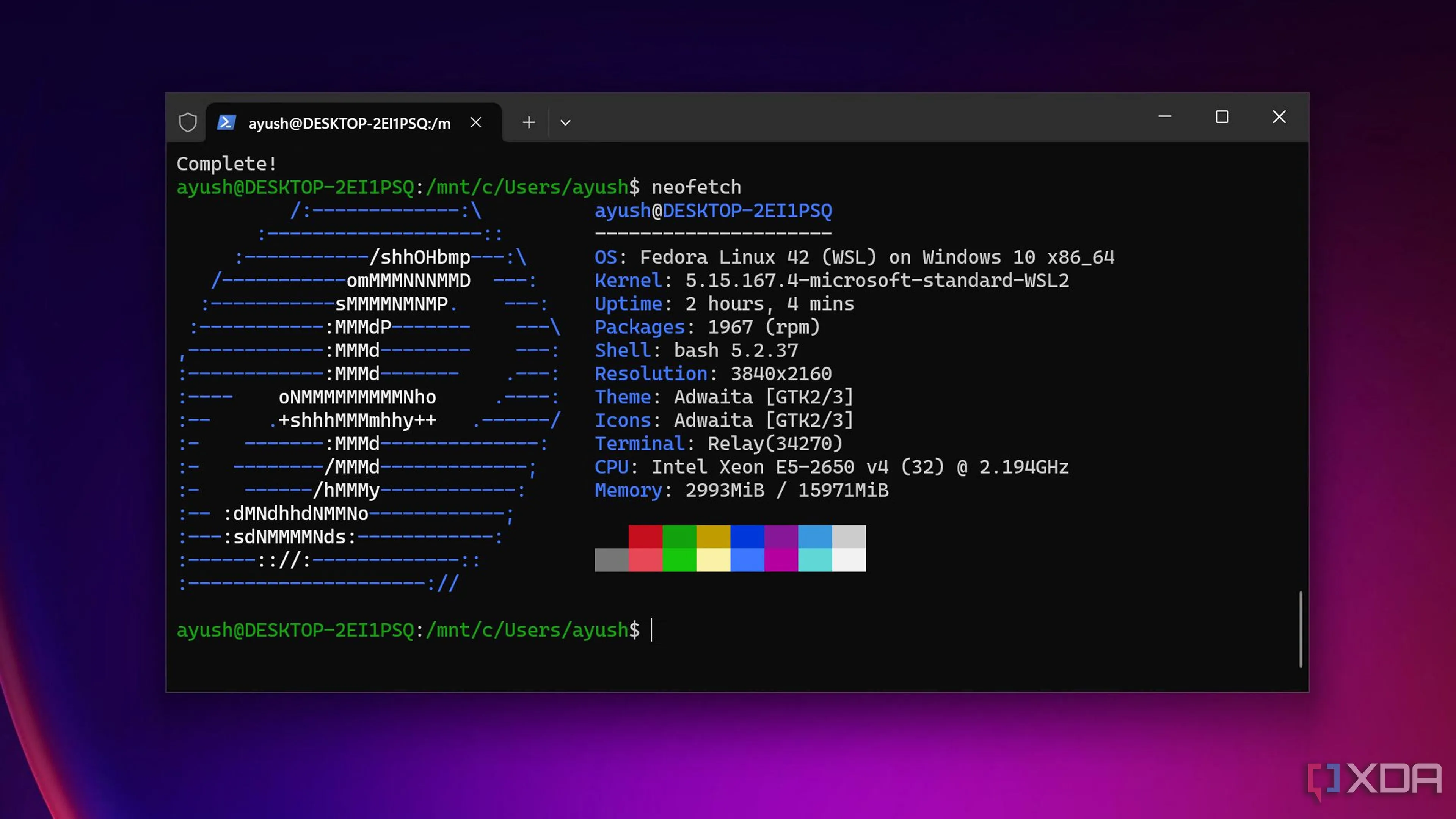 Giao diện Fedora Linux hiển thị trong cửa sổ Windows Terminal qua WSL, cho thấy sự tích hợp mượt mà