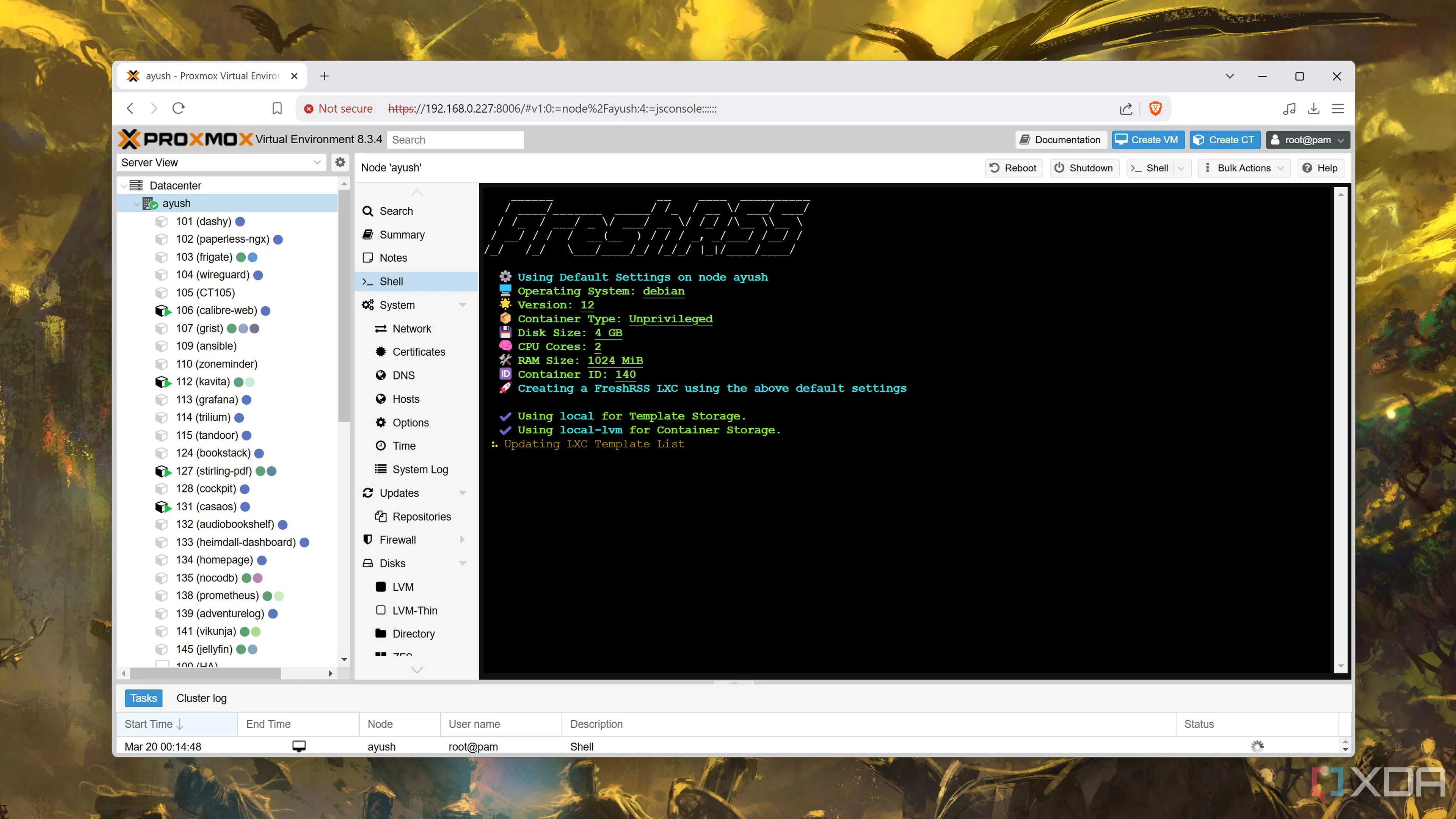 Giao diện FreshRSS trên Proxmox với các bản tin được thu thập tự động