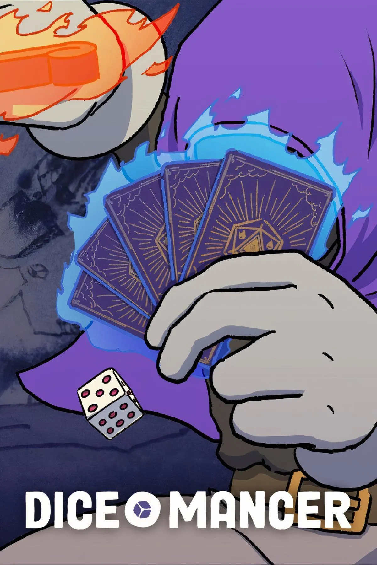 Giao diện game Diceomancer với các thẻ bài, nhân vật hoạt hình và hiệu ứng xúc xắc