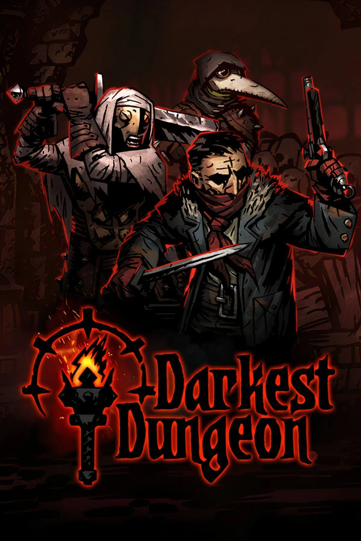 Giao diện game nhập vai Darkest Dungeon với hình ảnh nhân vật chiến đấu trong hầm ngục tăm tối