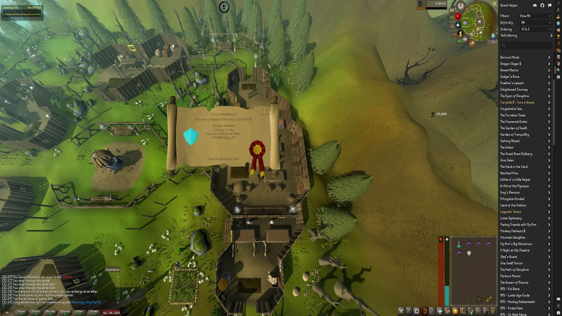 Giao diện game OldSchool RuneScape chạy RuneLite với nhiệm vụ Mourning's End Part II hoàn thành