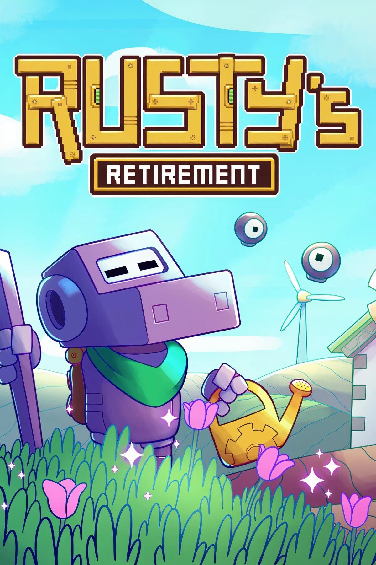 Giao diện game Rusty's Retirement với nông trại tự động chạy trên màn hình máy tính