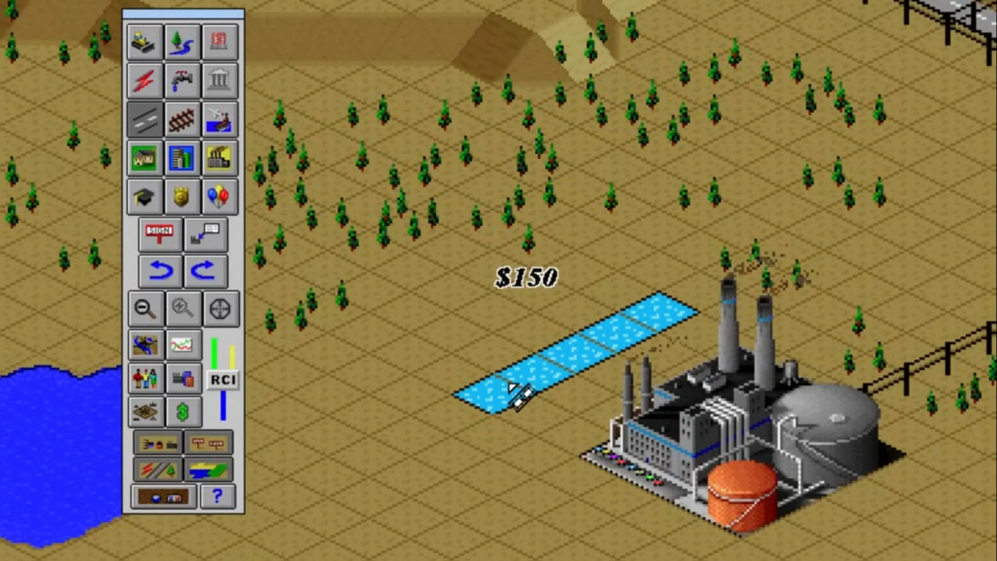 Giao diện game Sim City 2000 hiển thị một thành phố nhộn nhịp với các công trình phức tạp như tòa nhà chọc trời và cơ sở hạ tầng.