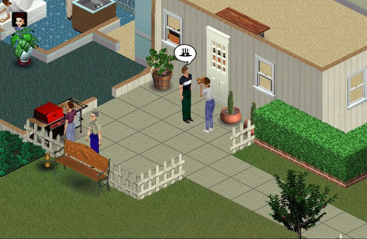 Giao diện gameplay chi tiết của The Sims, thể hiện các tùy chọn xây dựng và tương tác