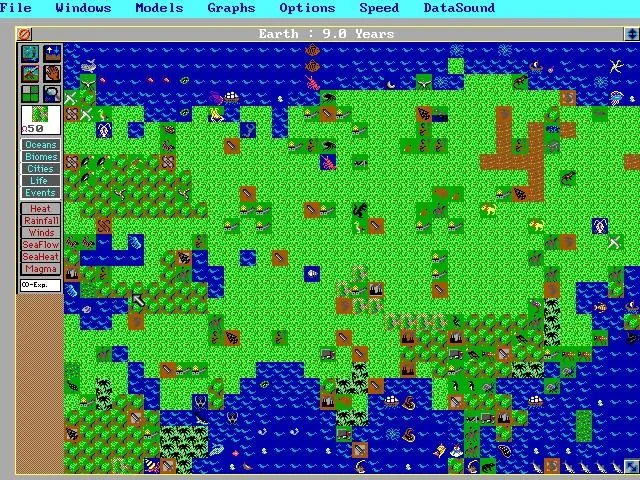 Giao diện gameplay SimEarth The Living Planet, trò chơi mô phỏng phát triển hành tinh độc đáo