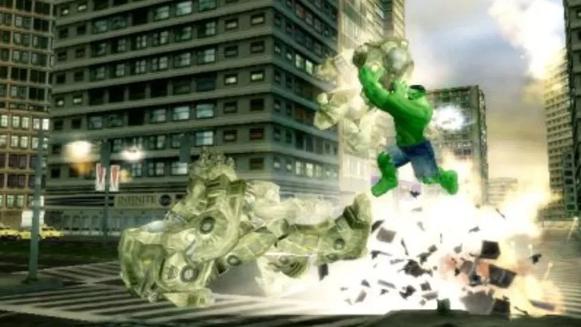 Giao diện gameplay The Incredible Hulk: Ultimate Destruction với khả năng phá hủy môi trường ấn tượng