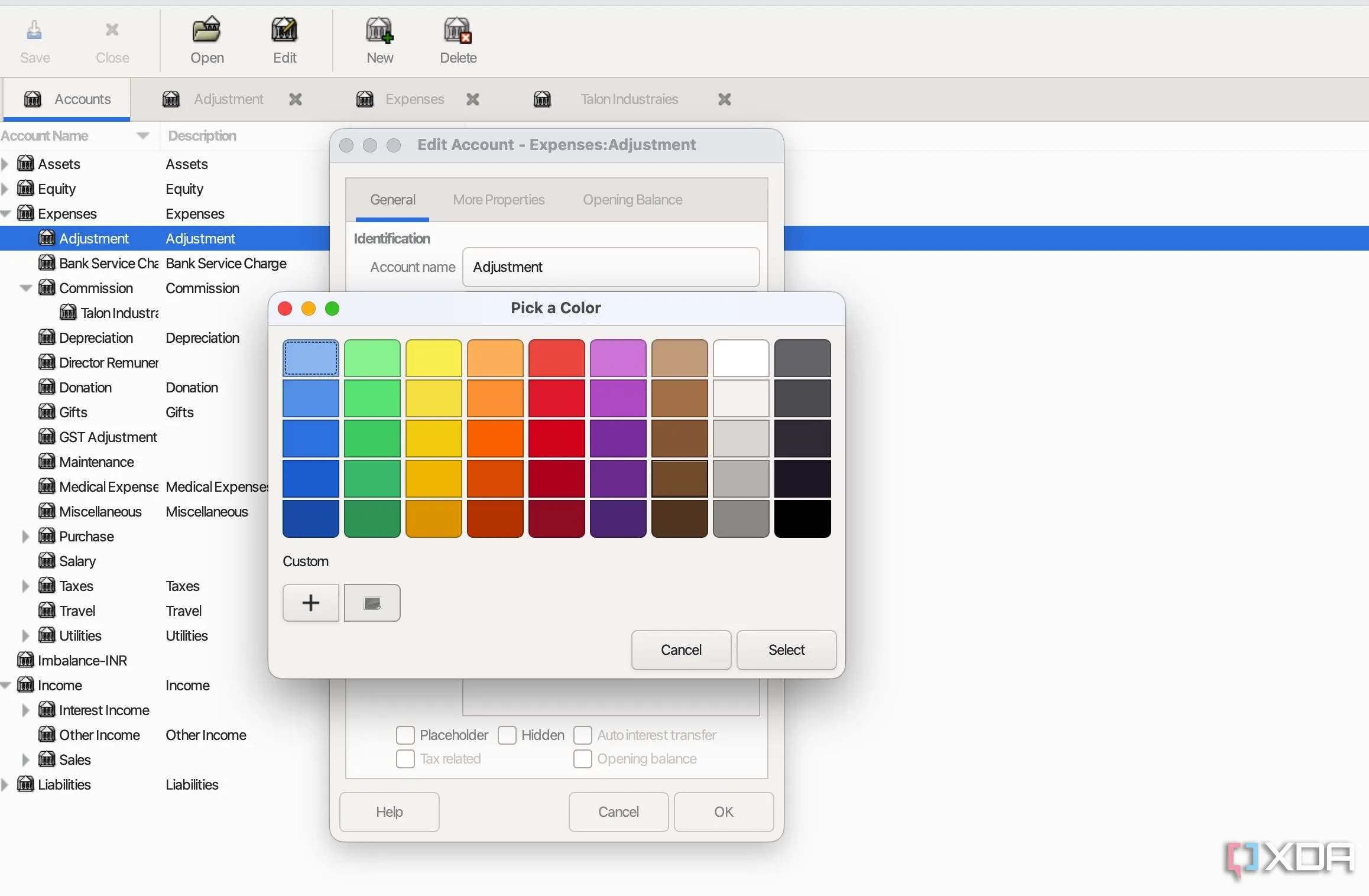 Giao diện GnuCash chỉnh sửa tài khoản hiển thị trên nhiều nền tảng