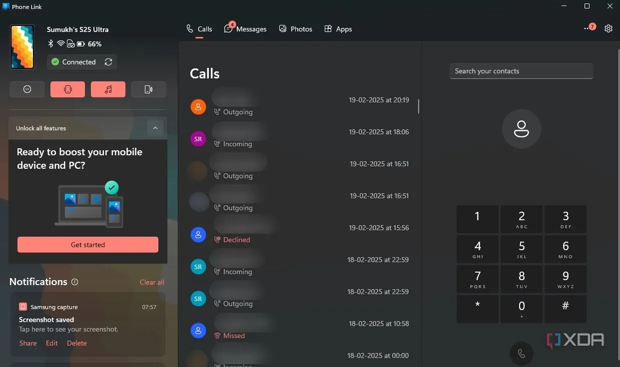 Giao diện gọi điện thoại trên ứng dụng Phone Link cho Windows