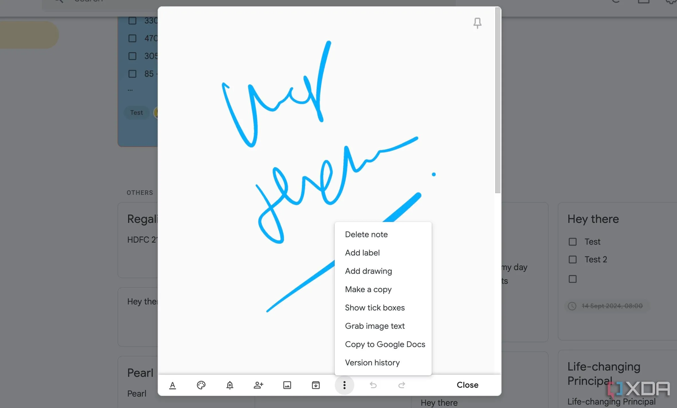 Giao diện Google Keep hiển thị công cụ vẽ với nhiều tùy chọn bút và màu sắc trên thiết bị di động