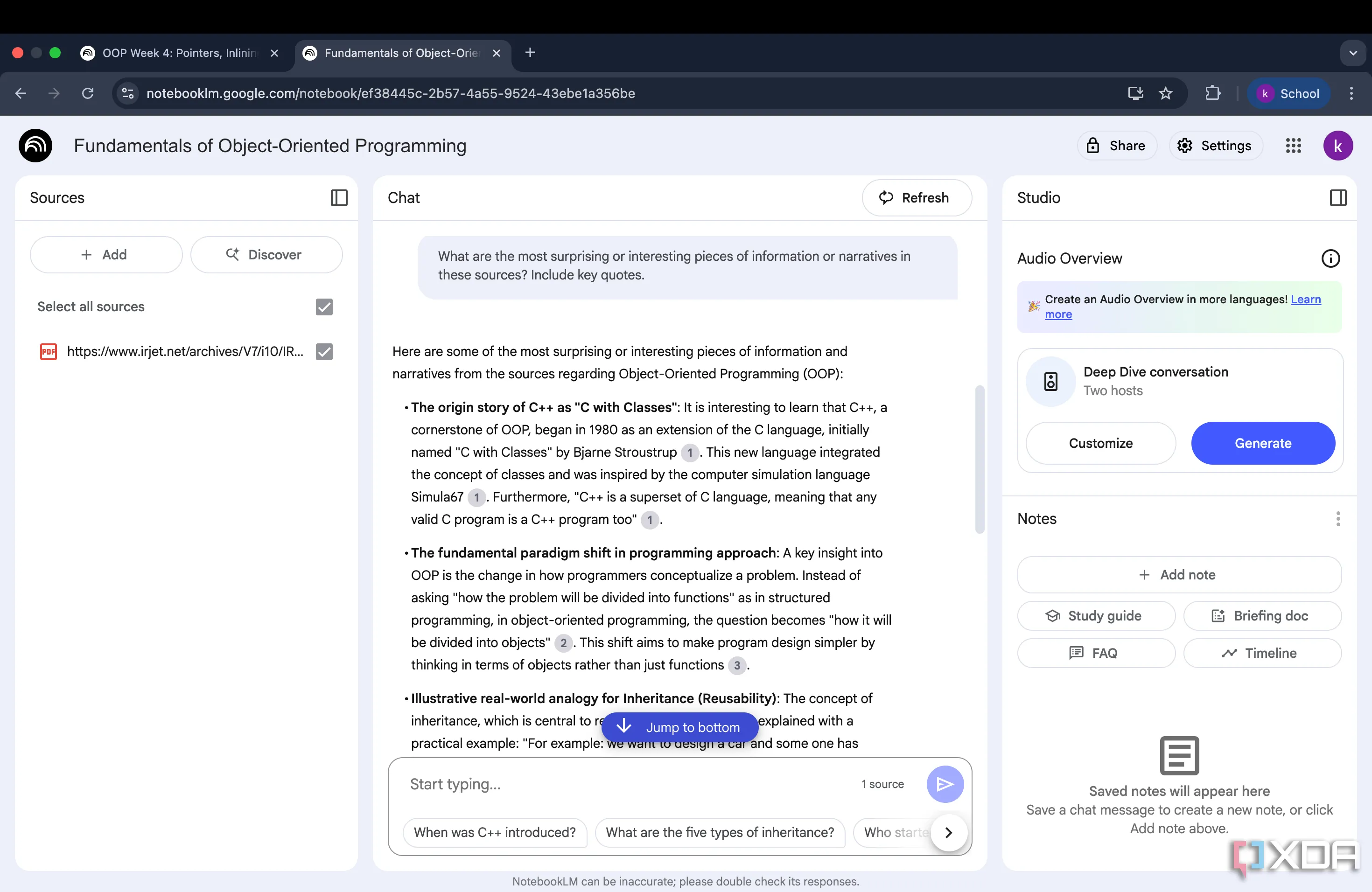 Giao diện Google NotebookLM hiển thị các thông tin tóm tắt và những điểm nổi bật từ tài liệu nguồn.