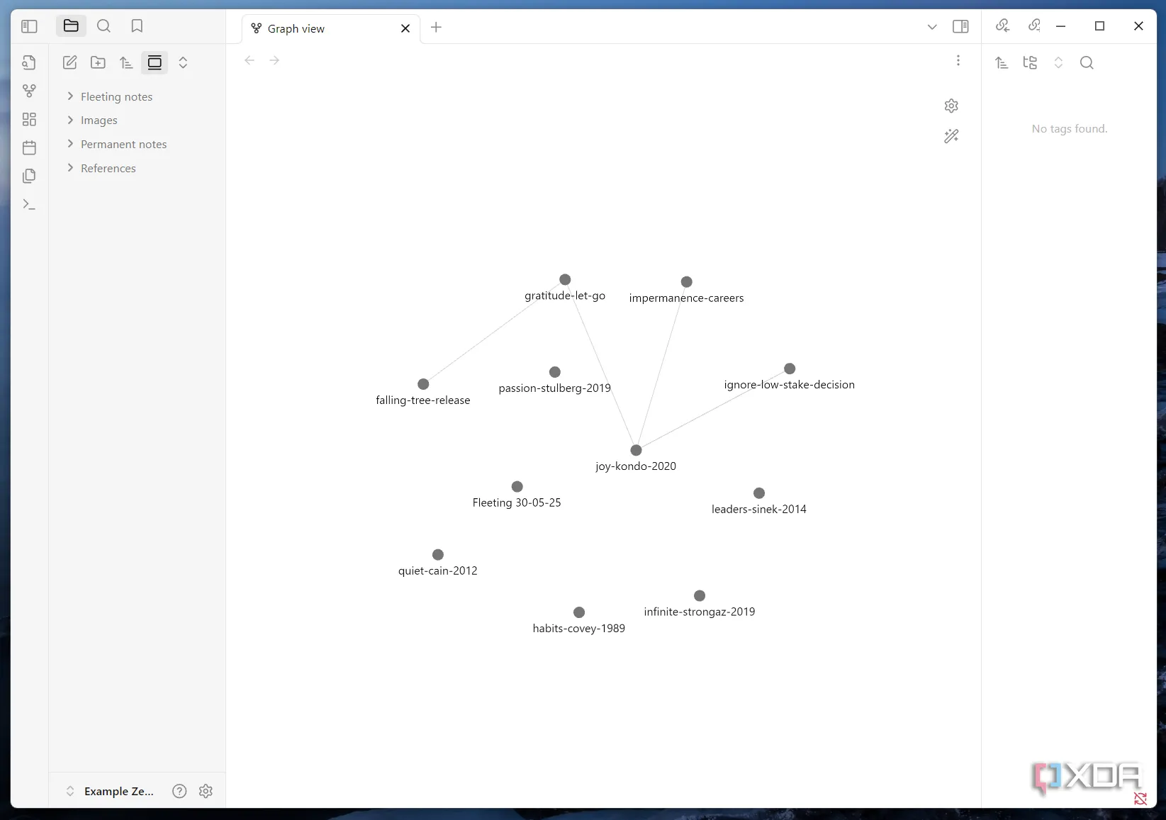 Giao diện Graph View của Obsidian hiển thị các ghi chú được kết nối như một mạng lưới