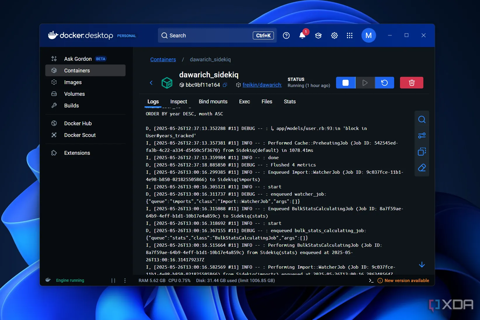 Giao diện hiển thị nhật ký (logs) chi tiết của một container Docker đang hoạt động