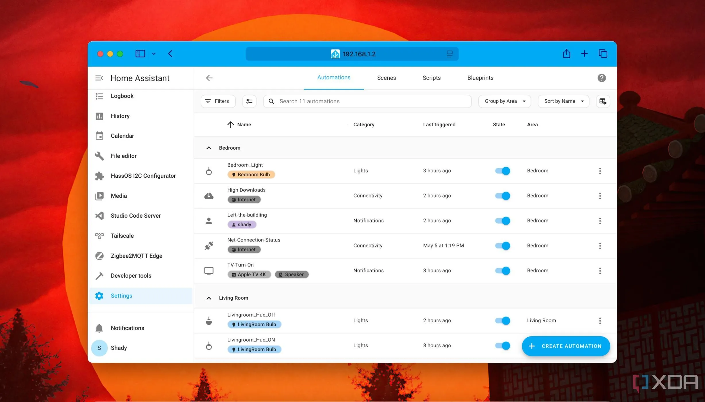 Giao diện Home Assistant hiển thị các tùy chọn sắp xếp tự động hóa theo khu vực, minh họa sự dễ dàng trong việc quản lý và cấu hình thiết bị Bluetooth.