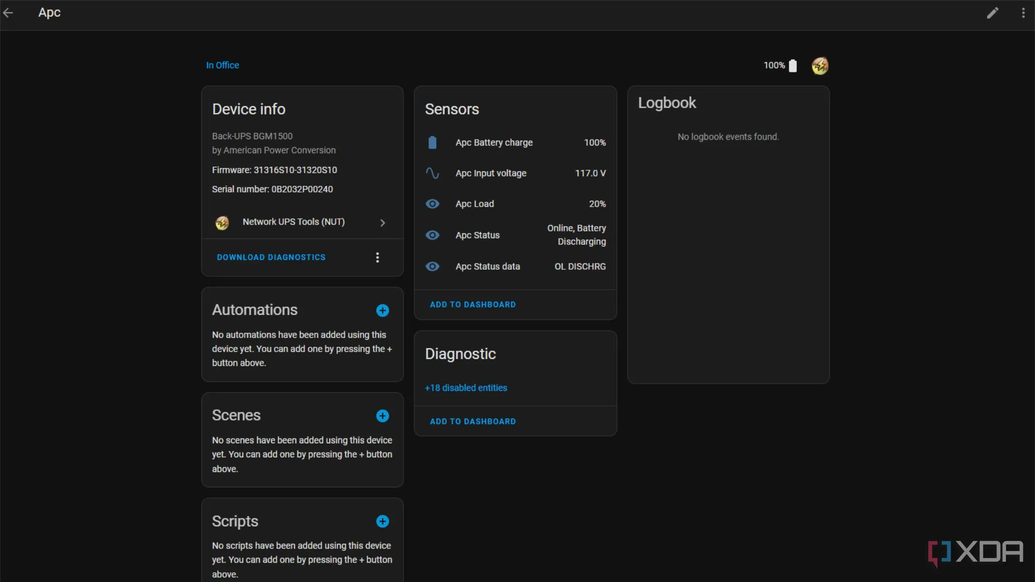 Giao diện Home Assistant hiển thị thông tin giám sát UPS APC được tích hợp qua NUT server