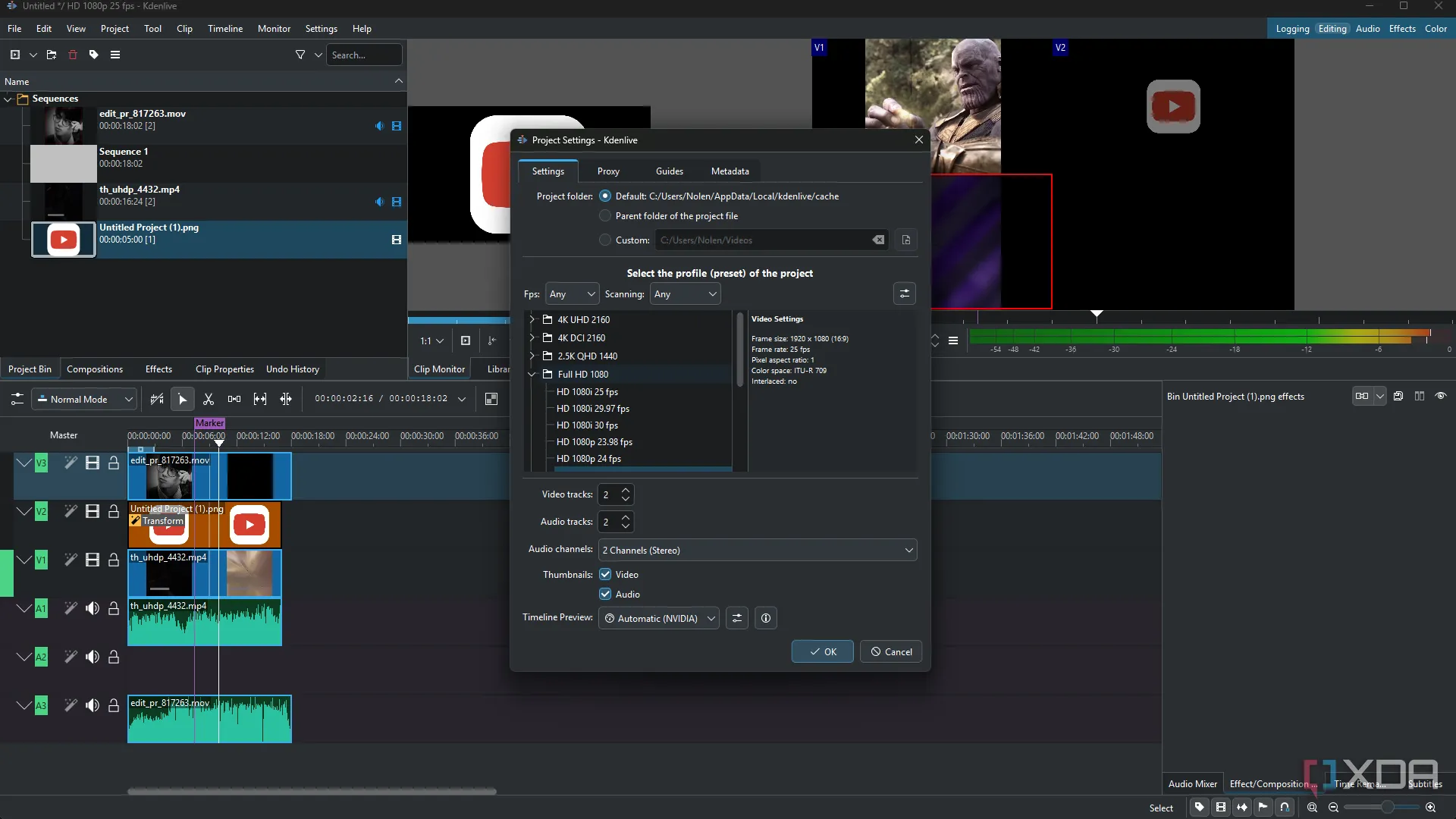 Giao diện Kdenlive hiển thị các tùy chọn định dạng nhập liệu cho video.