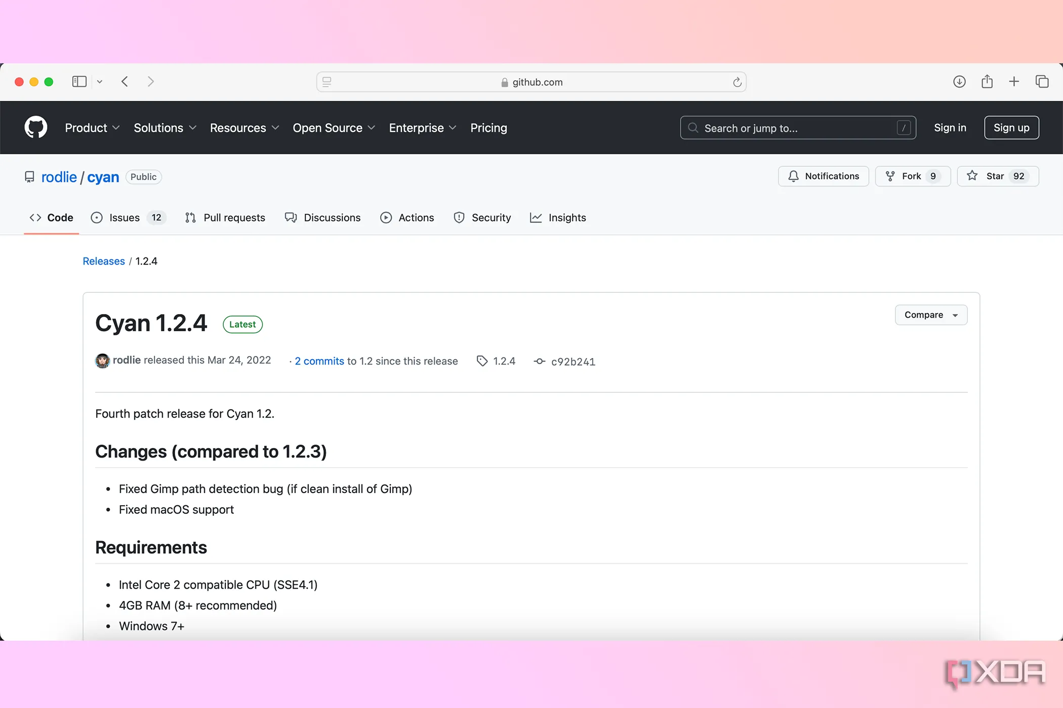 Giao diện kho lưu trữ GitHub của plugin Cyan cho GIMP