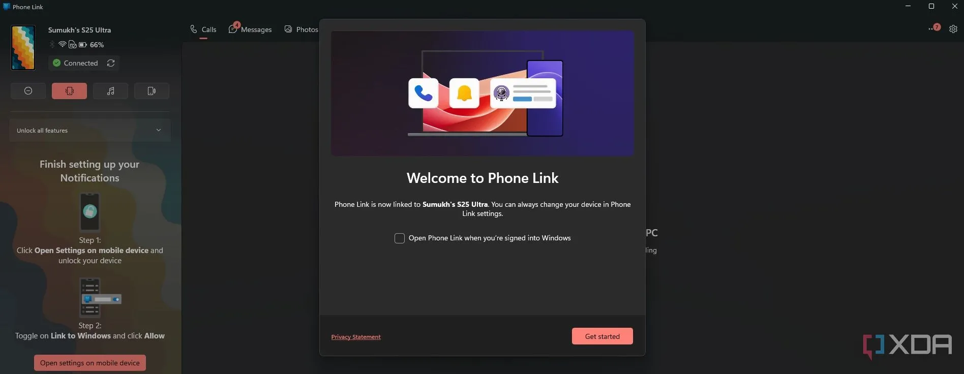 Giao diện khởi động của ứng dụng Phone Link trên Windows