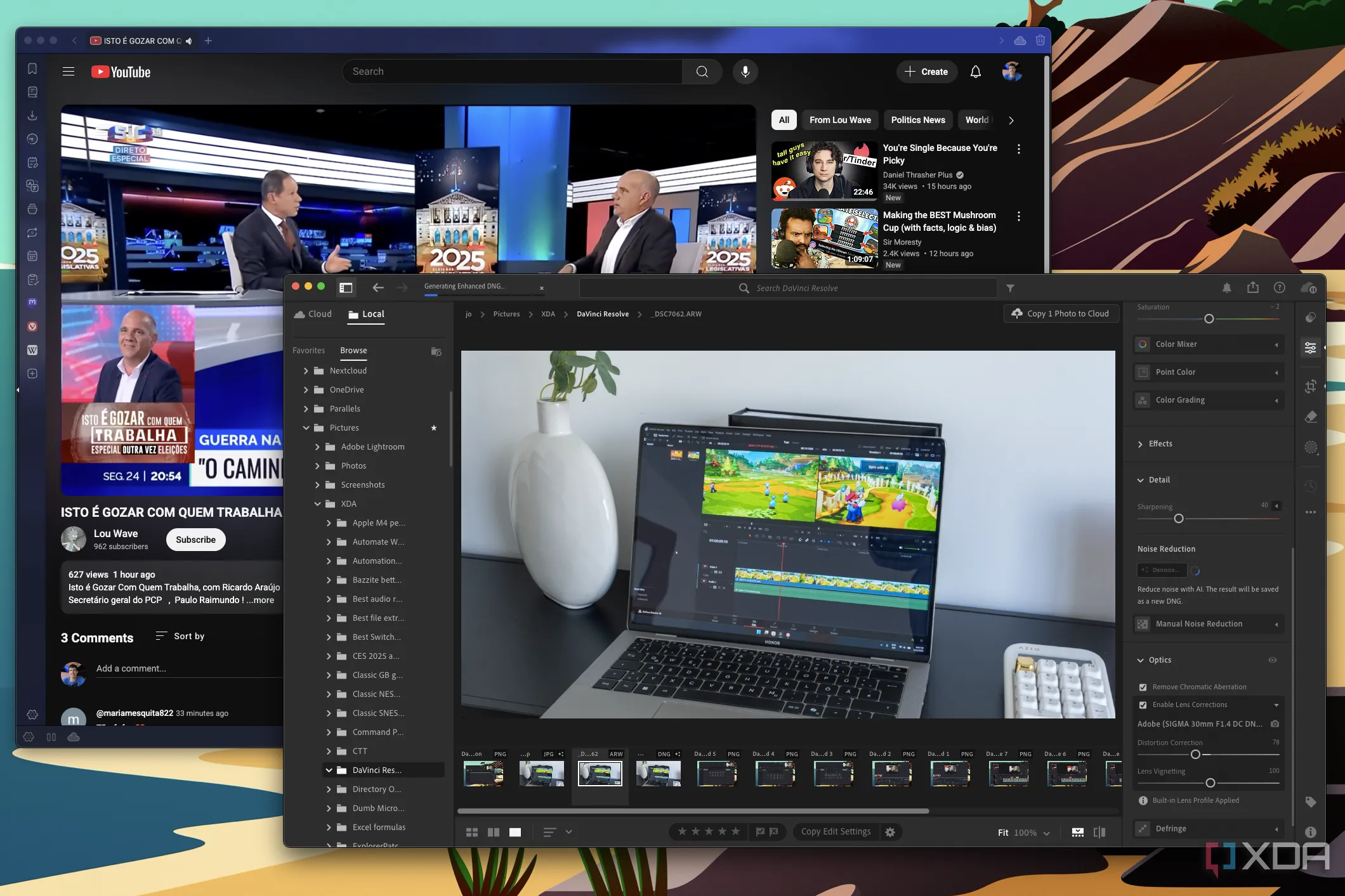 Giao diện macOS với Adobe Lightroom đang xử lý ảnh và trình duyệt Vivaldi phát video YouTube mượt mà