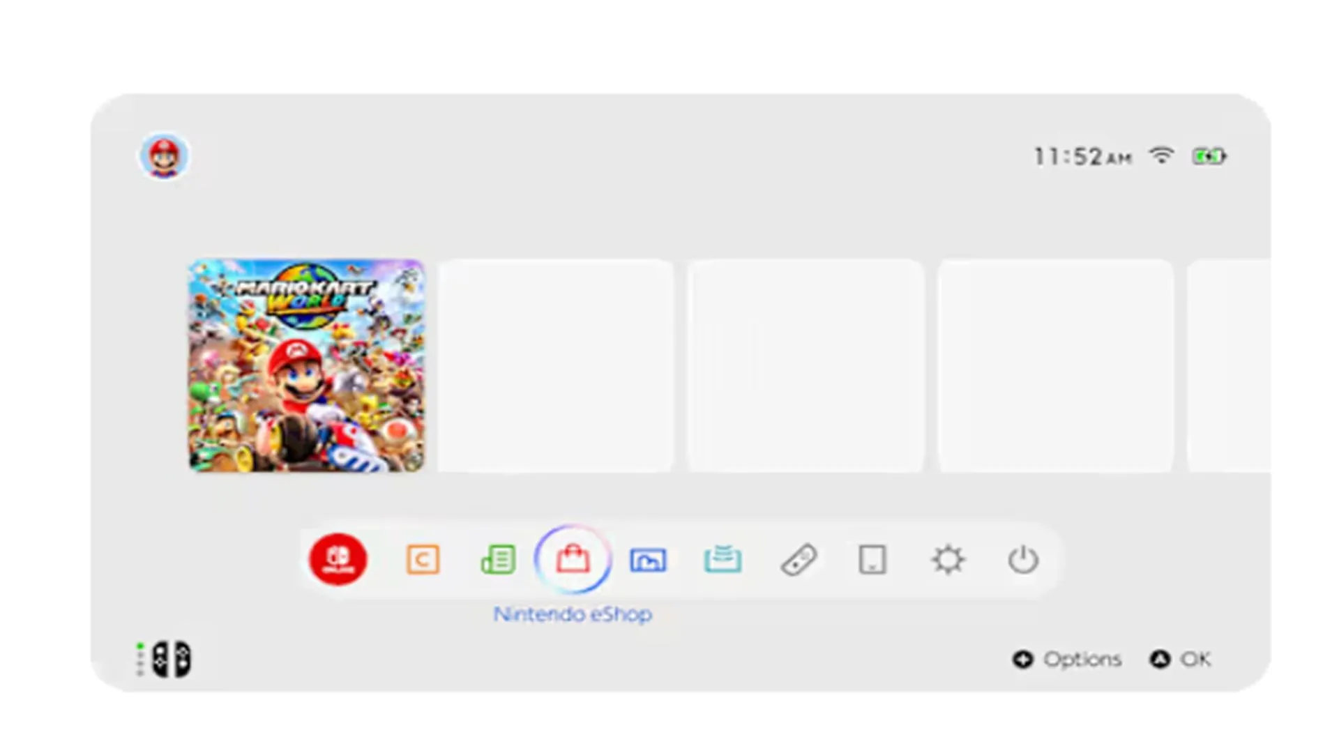 Giao diện màn hình chính của Nintendo Switch 2, cho thấy thiết kế tương đồng với phiên bản tiền nhiệm và thiếu sự đổi mới.