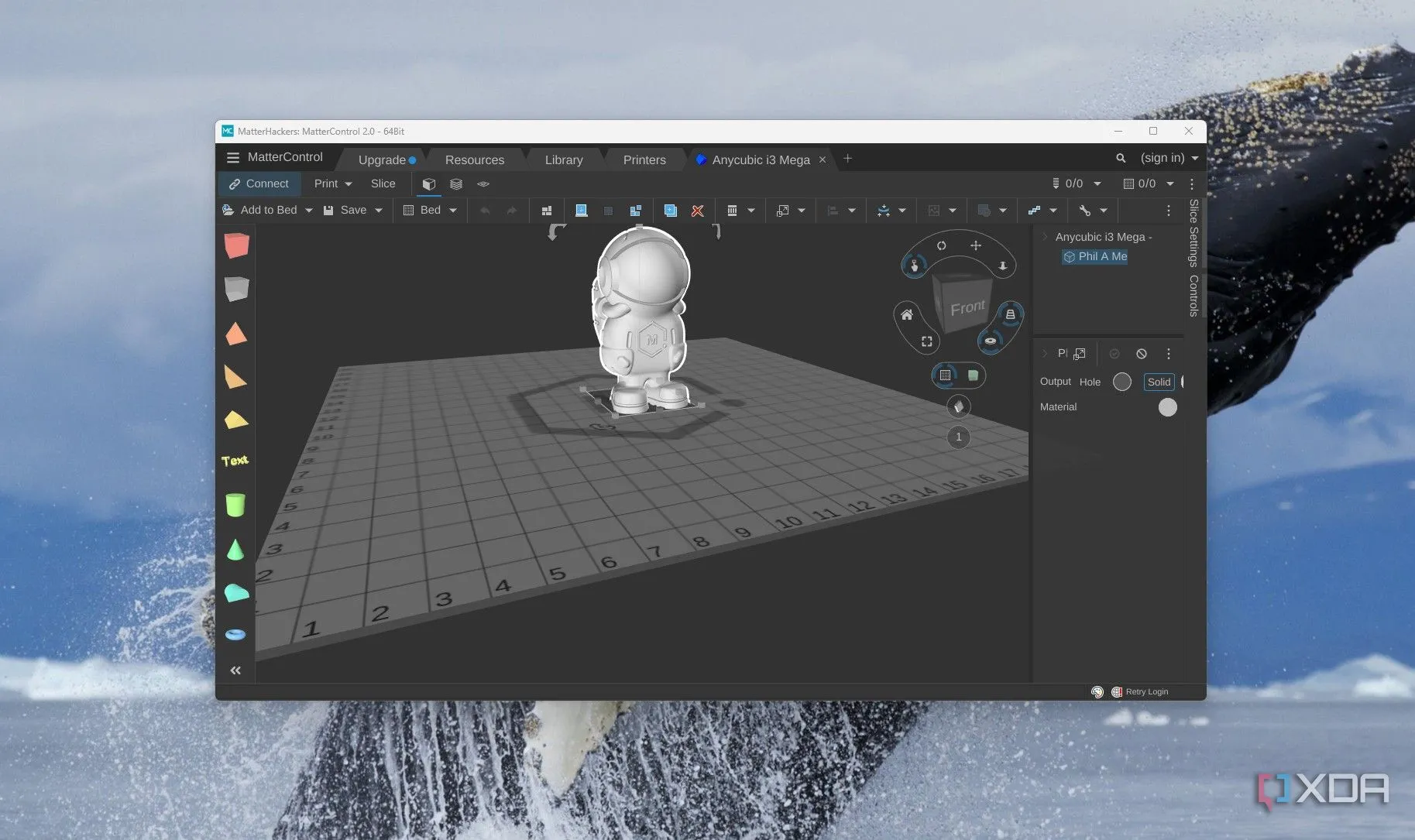 Giao diện MatterControl hiển thị mô hình 3D đang được xử lý và các tùy chọn cắt lát trước khi in.