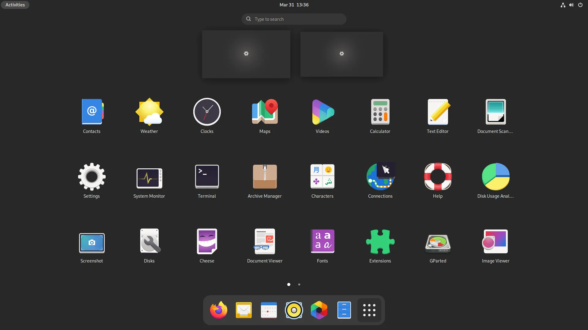 Giao diện menu chính của GNOME trên NixOS 21.11