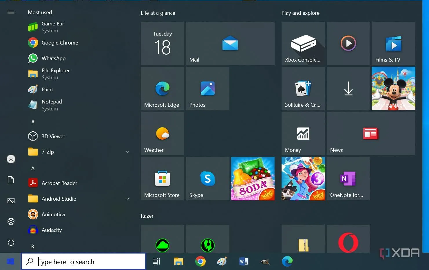 Giao diện Menu Start truyền thống trên hệ điều hành Windows 10