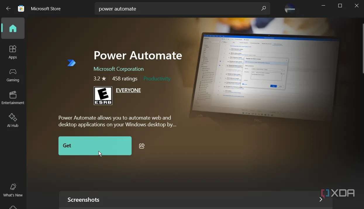 Giao diện Microsoft Store hiển thị ứng dụng Power Automate miễn phí trên Windows 10, khẳng định giá trị kinh tế của công cụ