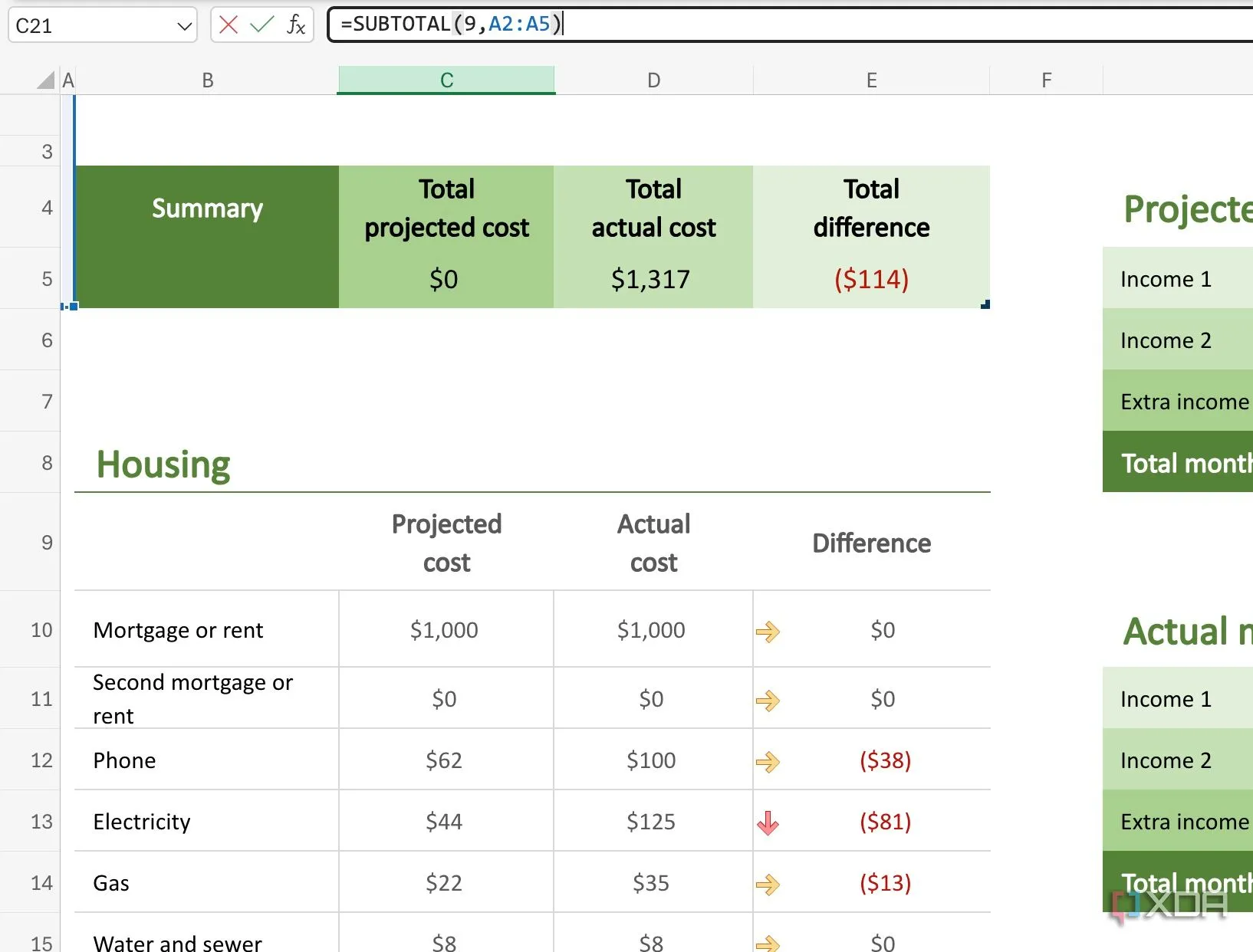 Giao diện minh họa hàm SUBTOTAL trong Excel, một trong nhiều hàm có thể ảnh hưởng hiệu suất nếu không được dùng đúng cách
