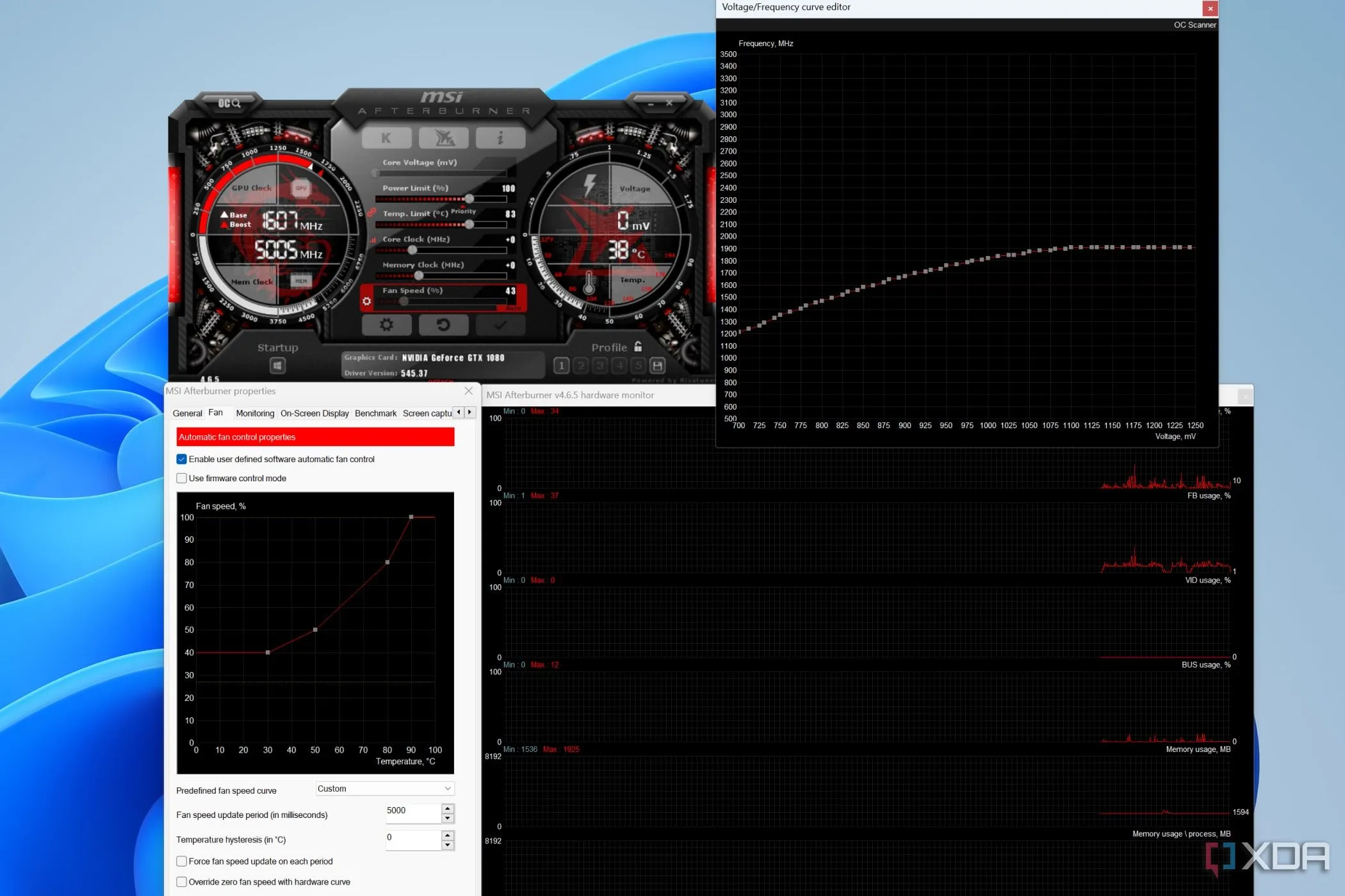 Giao diện MSI Afterburner với các cài đặt quạt, màn hình phần cứng và trình chỉnh sửa đường cong