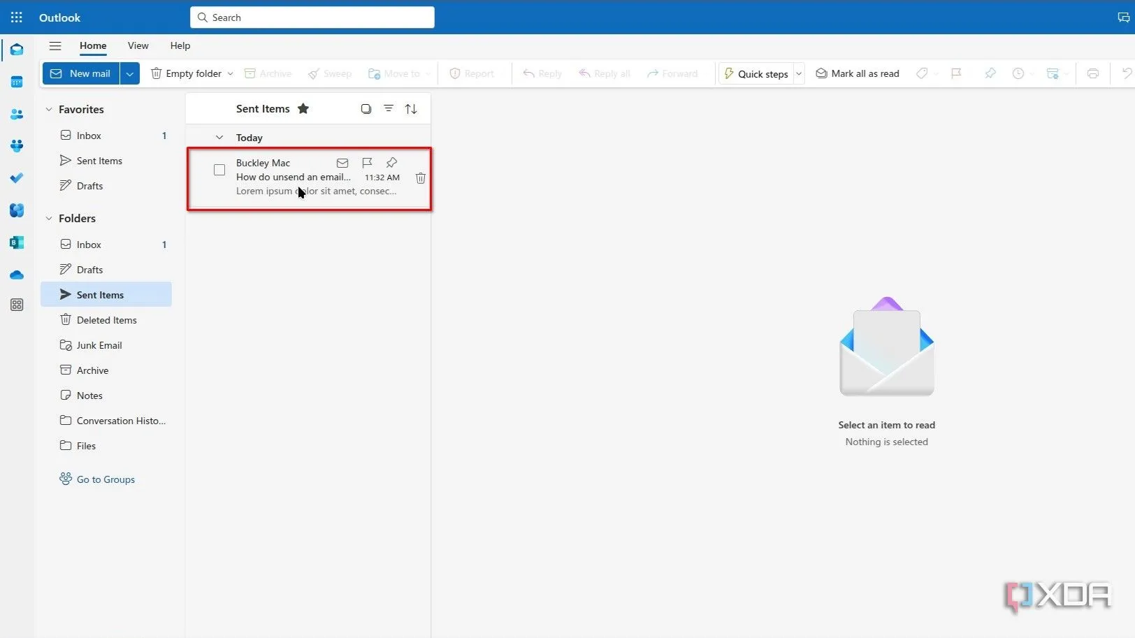 Giao diện New Outlook hiển thị thư mục Thư đã gửi và email cần thu hồi, chuẩn bị nhấp đúp để mở