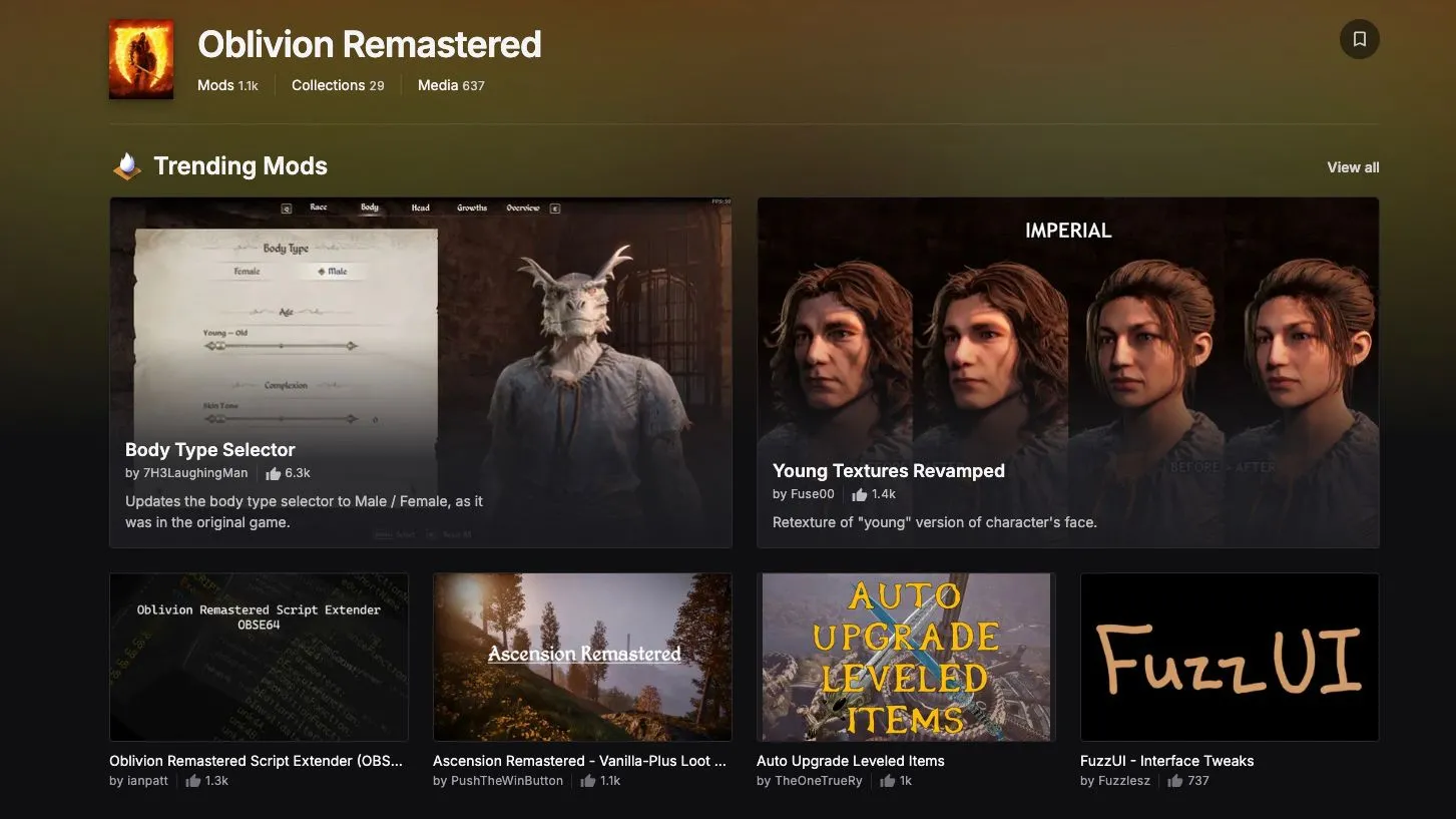 Giao diện Nexus Mods với danh sách các mod phổ biến cho Oblivion Remastered, nổi bật là Ultimate Engine Tweaks để tối ưu hiệu năng