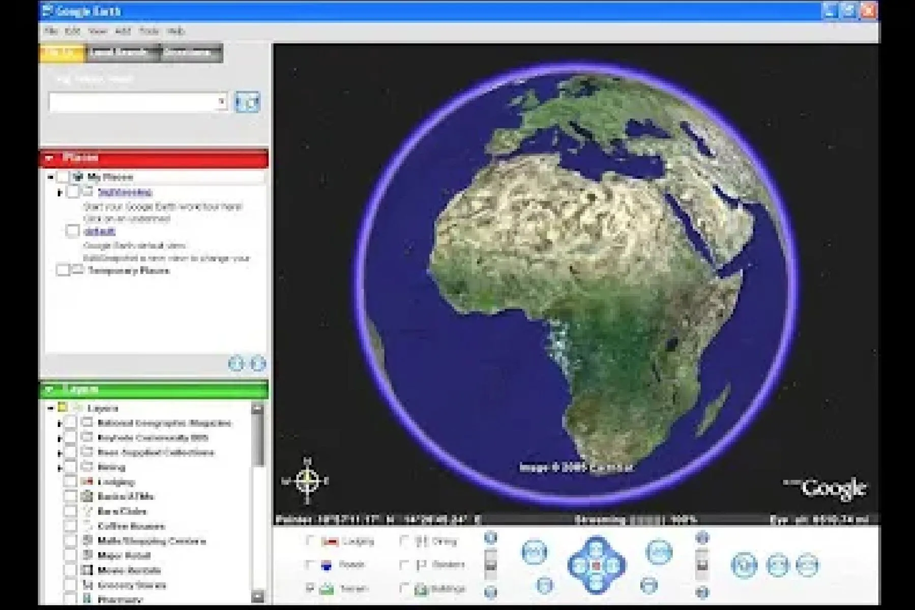 Giao diện người dùng ban đầu của Google Earth vào năm 2005, minh họa sự đơn giản nhưng đầy tiềm năng của nền tảng bản đồ vệ tinh này.