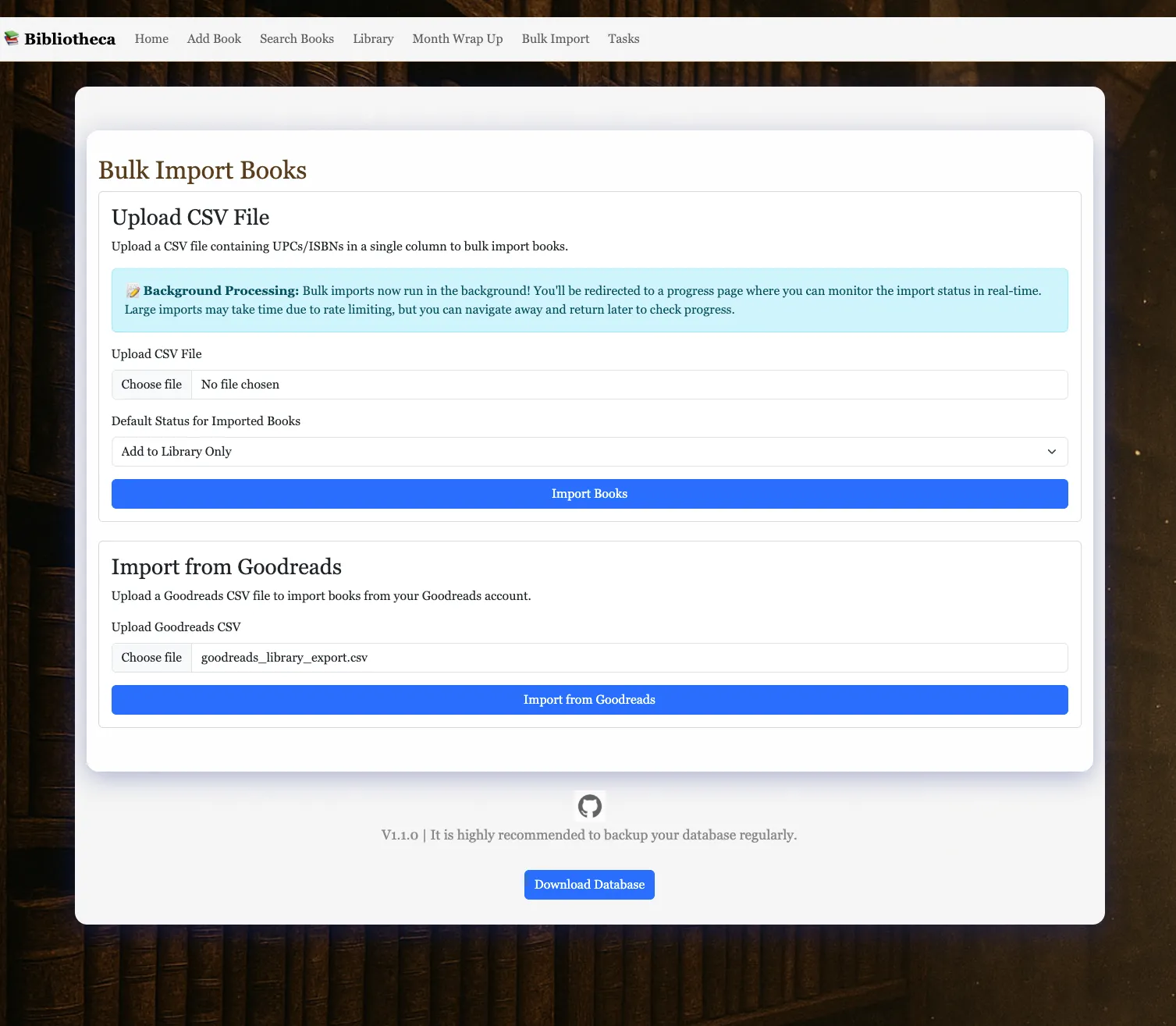 Giao diện người dùng Bibliotheca cho phép nhập thư viện sách từ Goodreads thông qua tệp CSV, giúp chuyển đổi dữ liệu dễ dàng.