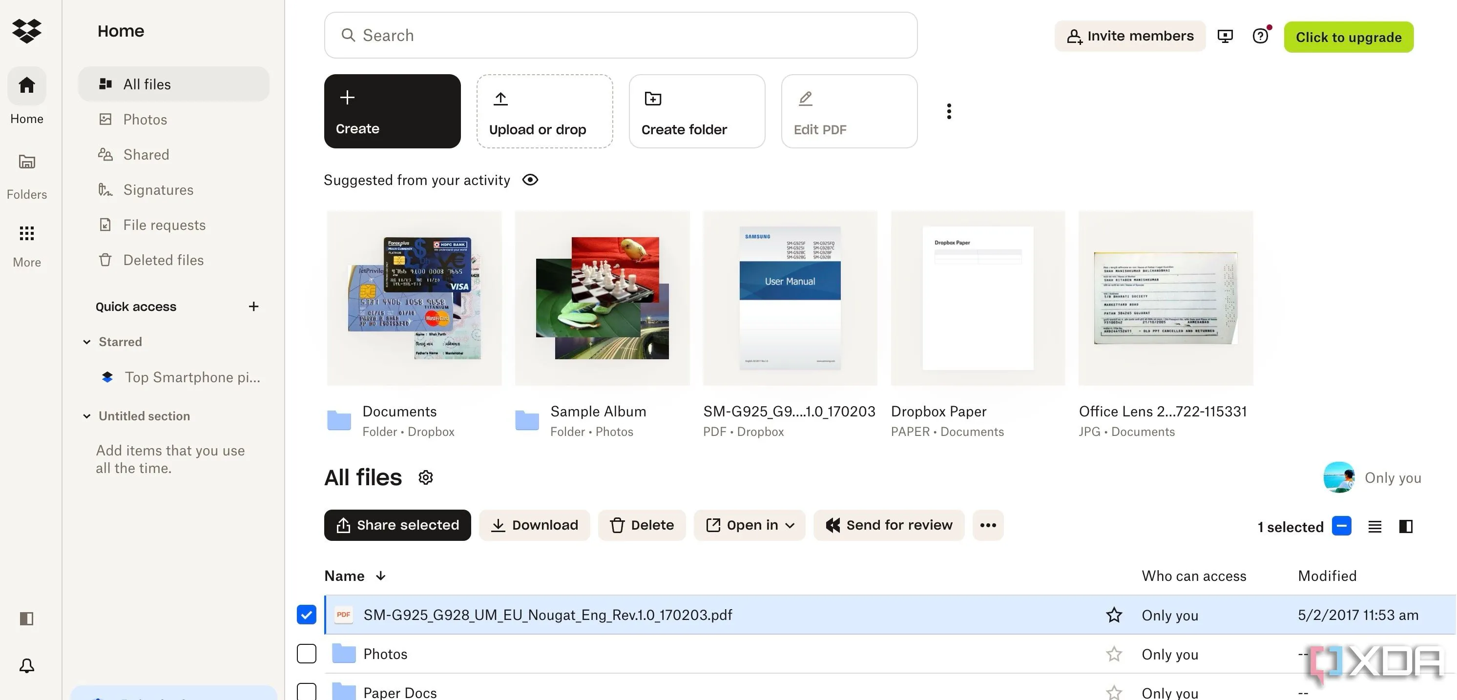 Giao diện người dùng của Dropbox, hiển thị các tùy chọn chia sẻ file