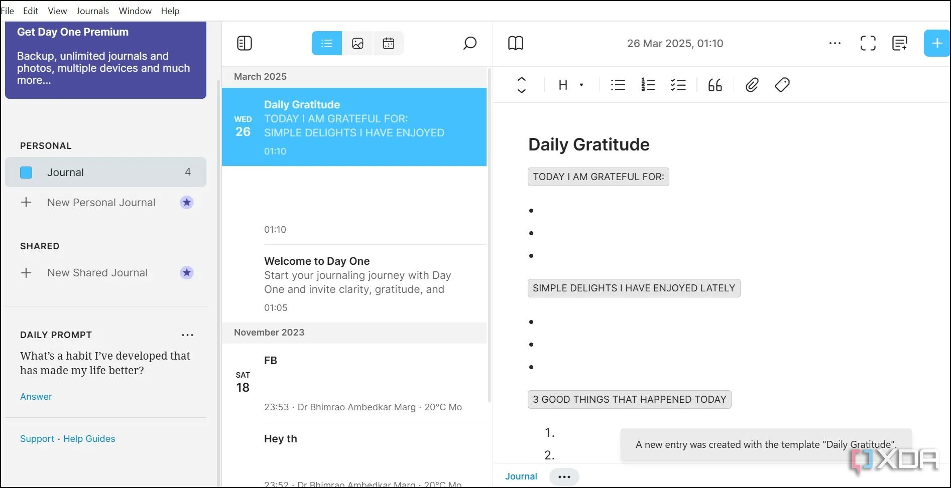 Giao diện người dùng (UI) của ứng dụng Day One trên Windows với thiết kế tối giản và chế độ nền tối.