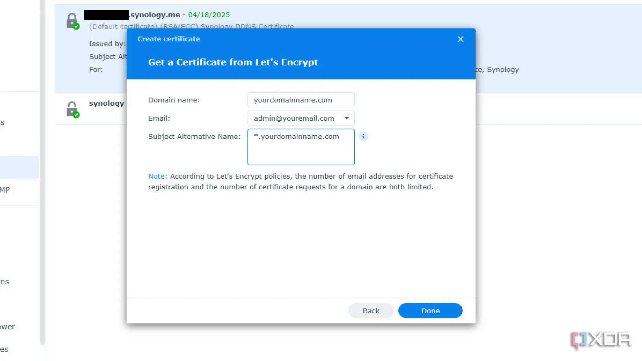 Giao diện nhập thông tin để tạo chứng chỉ SSL Wildcard từ Let's Encrypt trên Synology DSM, với trường tên máy chủ và email