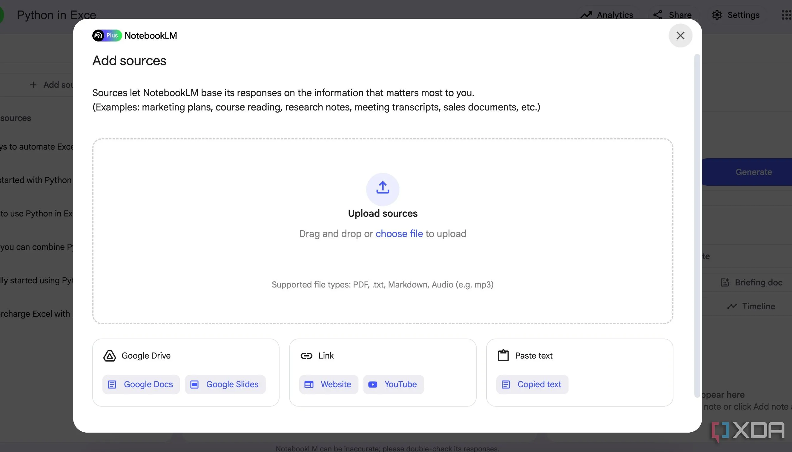 Giao diện NotebookLM của Google cho phép tải lên các tài liệu Markdown từ Obsidian làm nguồn tham khảo để khai thác thông tin bằng AI.