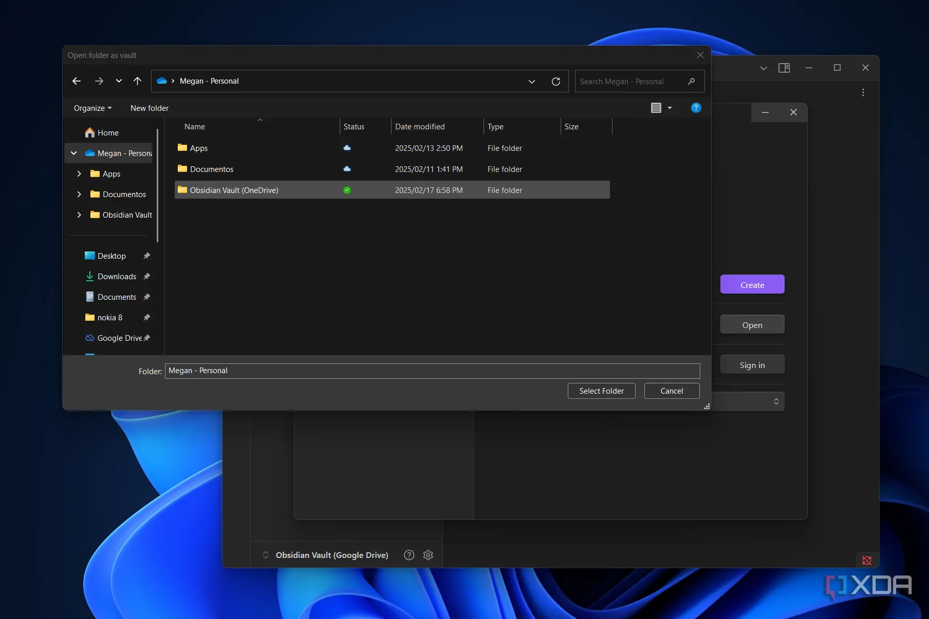 Giao diện Obsidian hiển thị hộp thoại quản lý vaults, đang chọn thư mục OneDrive để tạo vault mới.