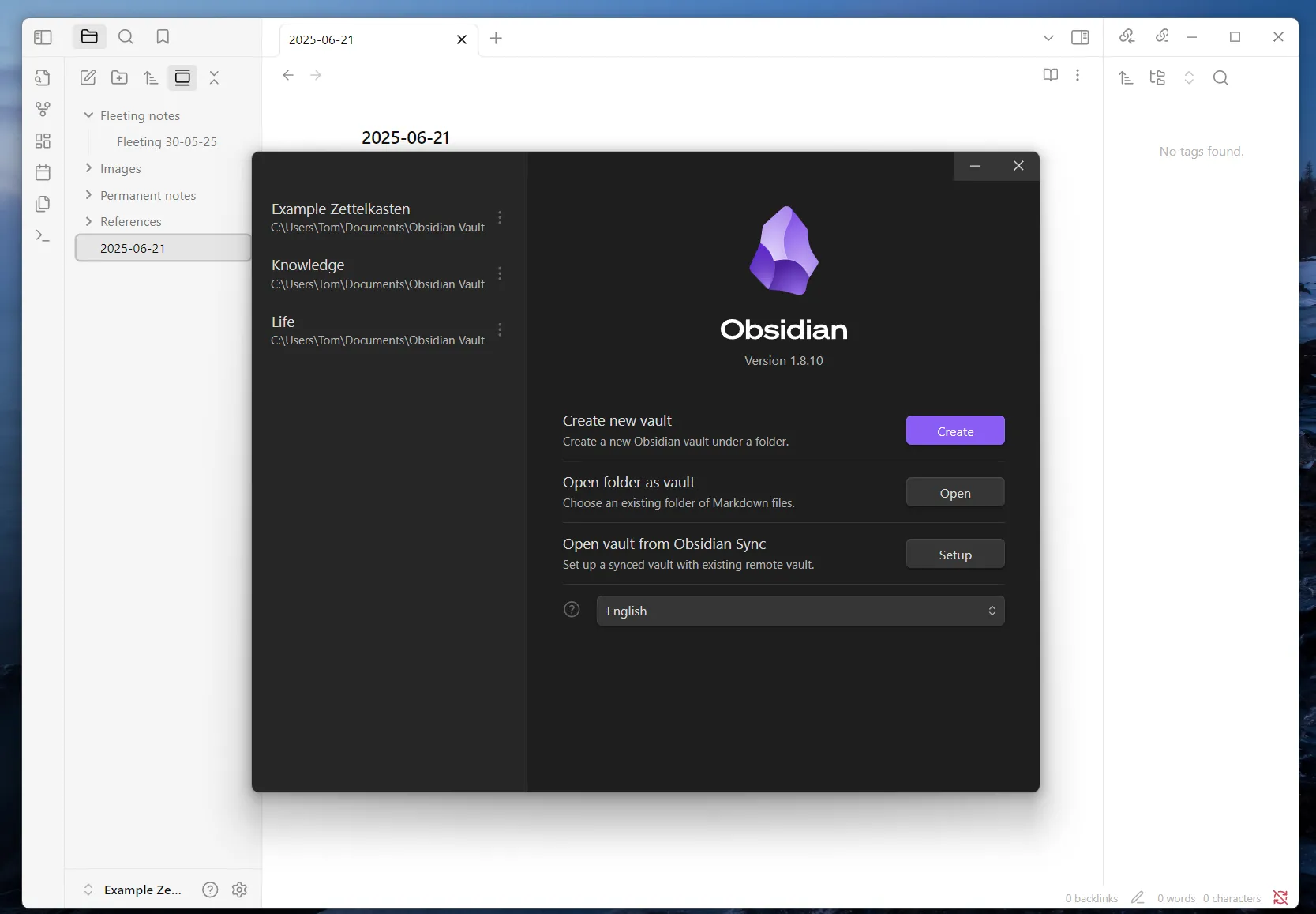 Giao diện Obsidian hiển thị nhiều Vault khác nhau cho các dự án cá nhân và công việc