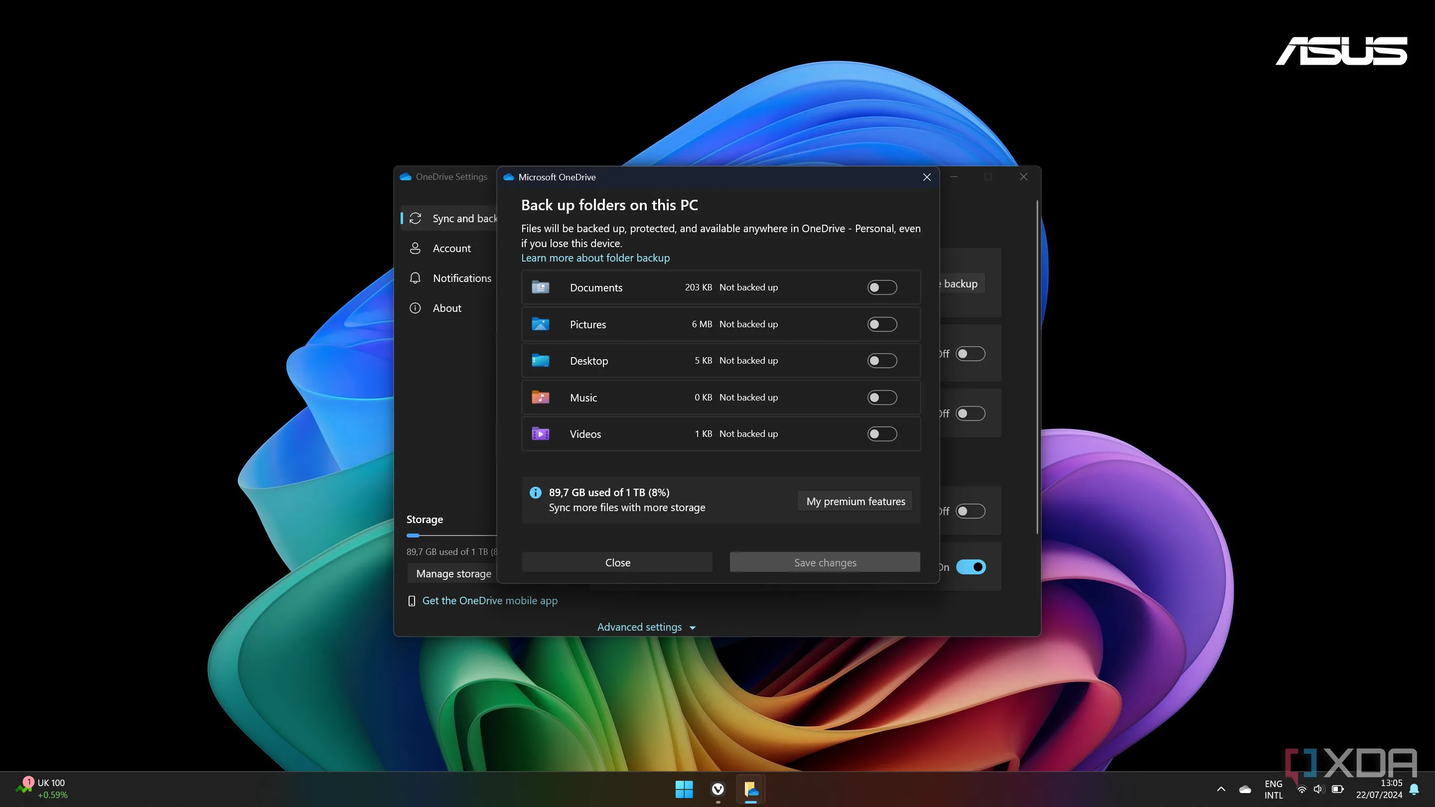 Giao diện OneDrive trên Windows hiển thị tùy chọn tắt sao lưu thư mục
