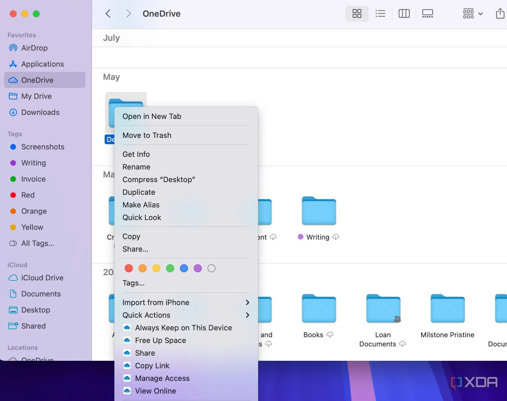 Giao diện OneDrive trong Finder trên macOS cho phép cấu hình đồng bộ hóa tệp với ổ đĩa ngoài APFS